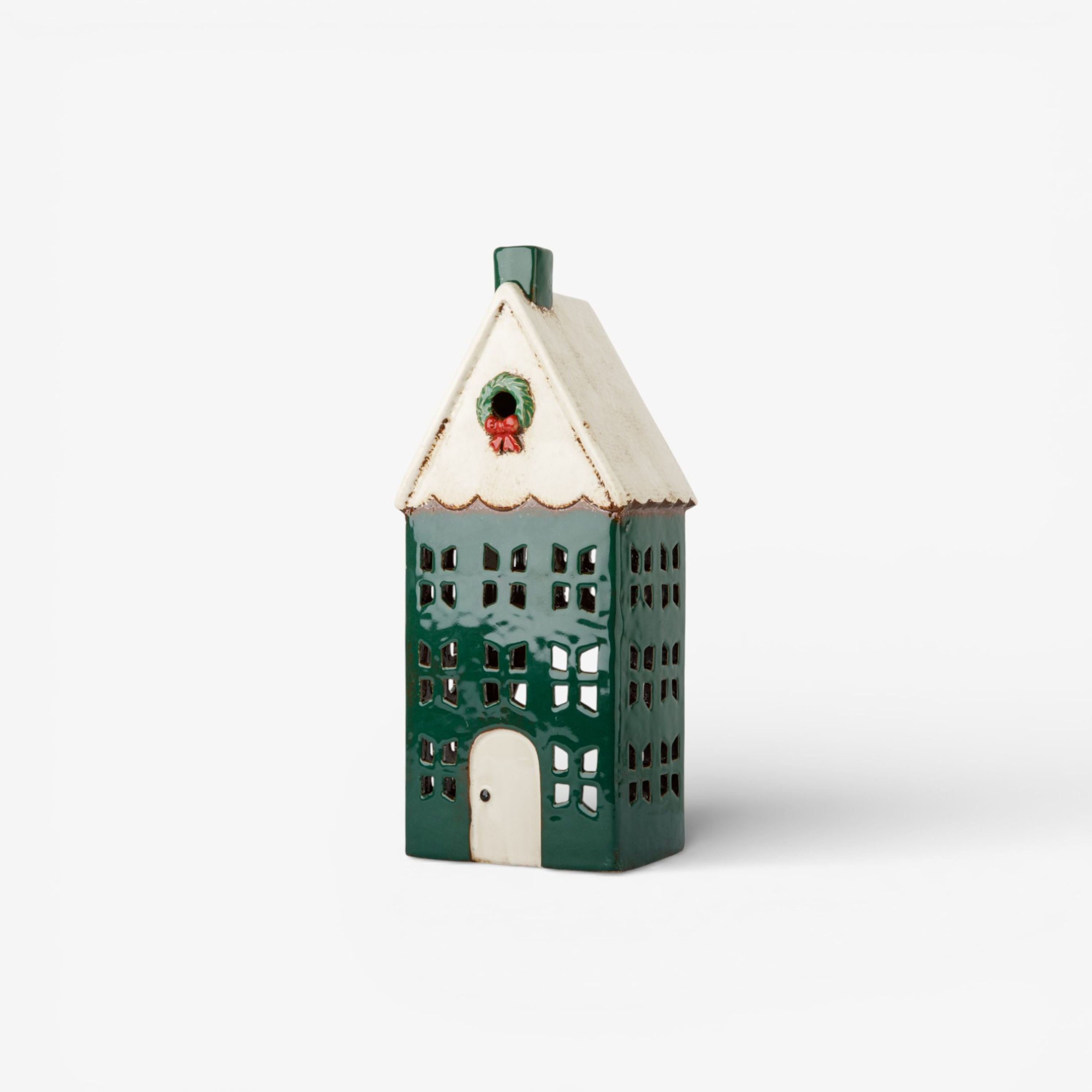 French Country Christmas Tea Light House Green with Wreath Large