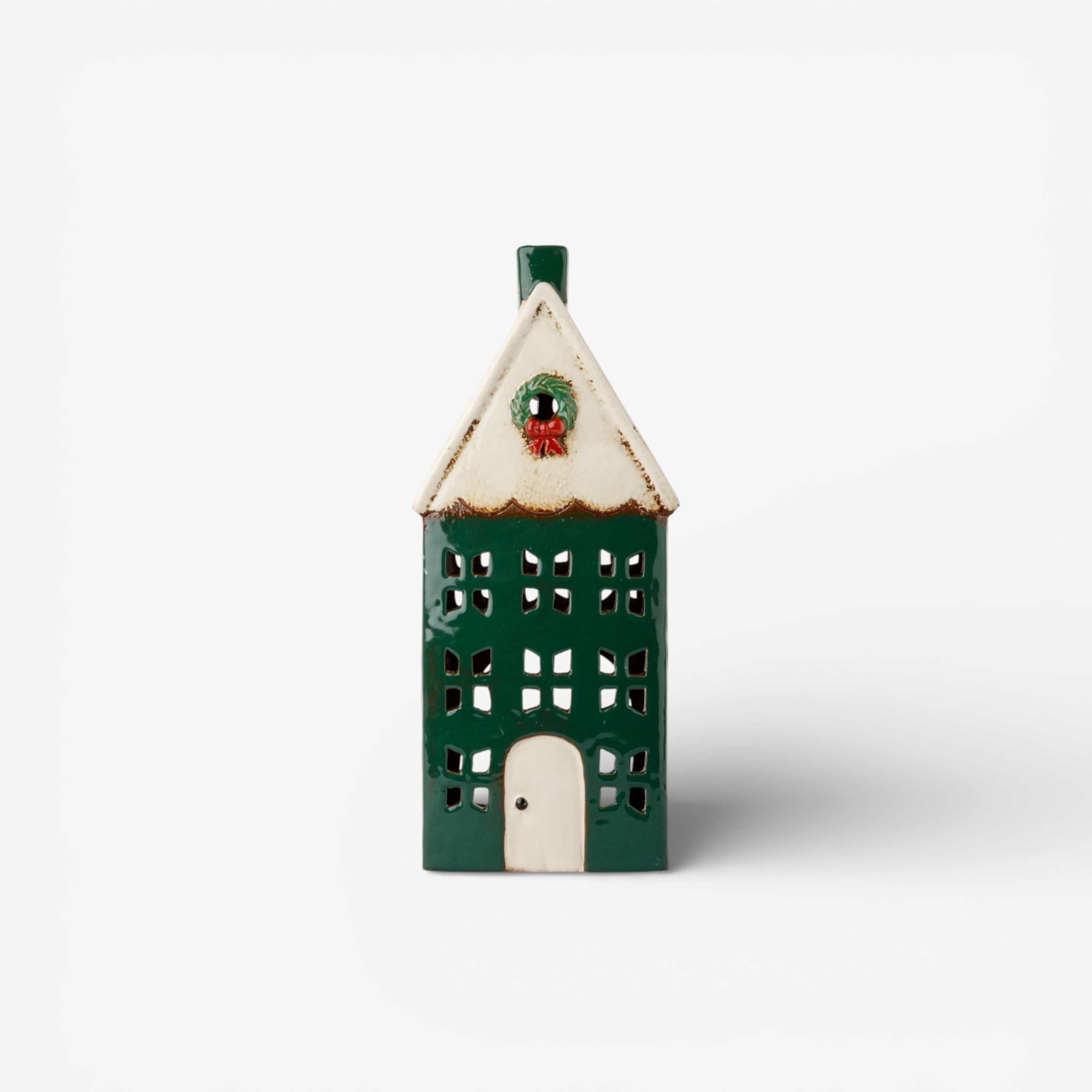 French Country Christmas Tea Light House Green with Wreath Large