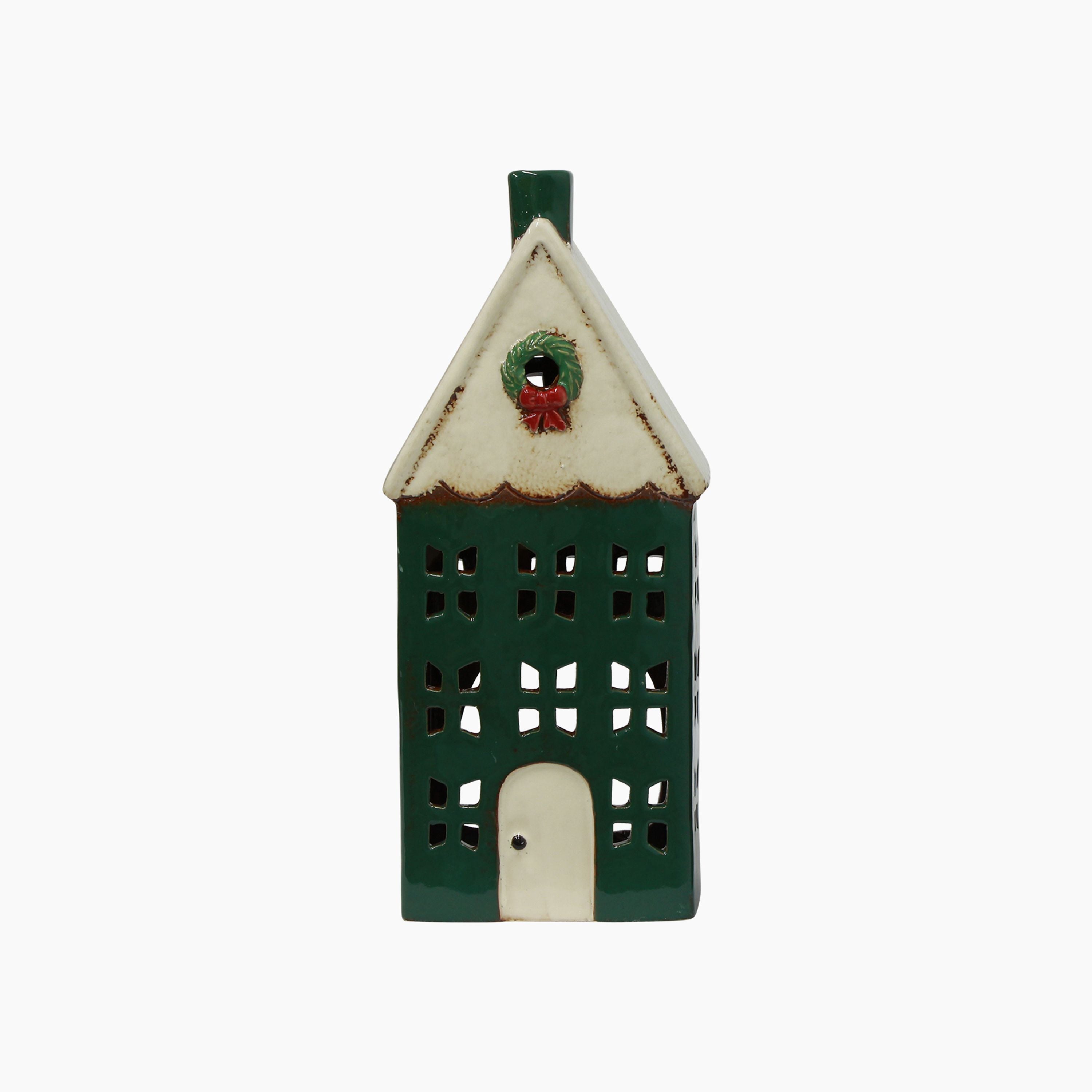 French Country Christmas Tea Light House Green with Wreath Large