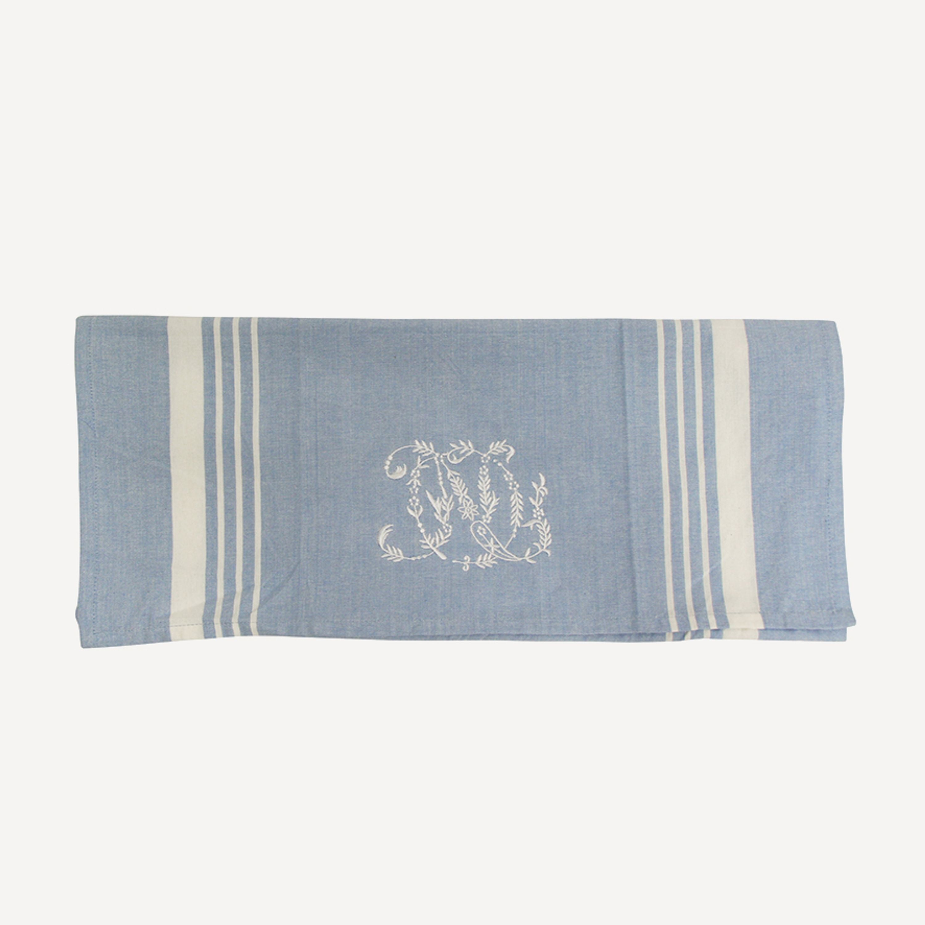 French Country Monogram Tea Towel Blue with White Stripe