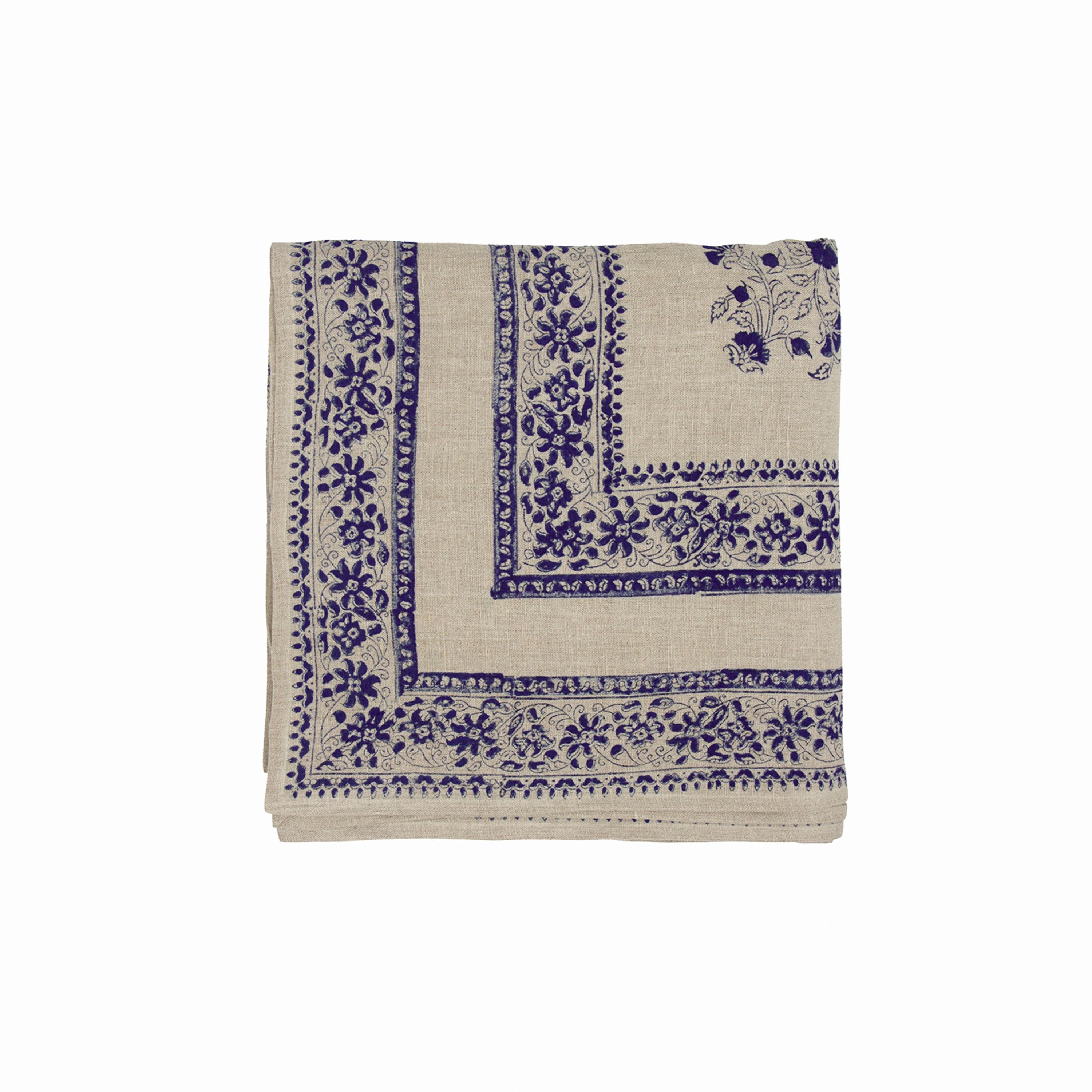 French Country Sofia Handblocked Floral Azure Tablecloth Large