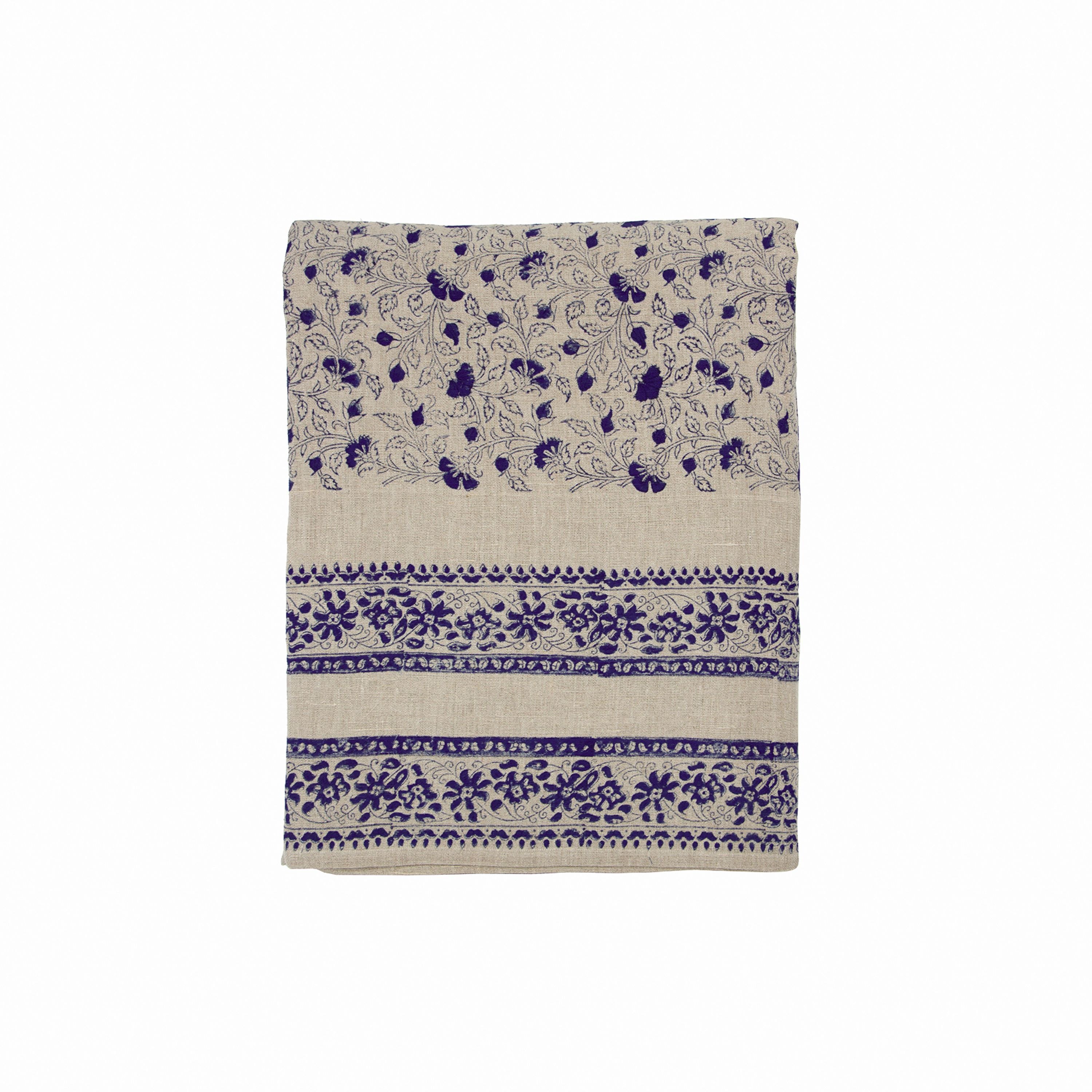 French Country Sofia Handblocked Floral Azure Tablecloth Large