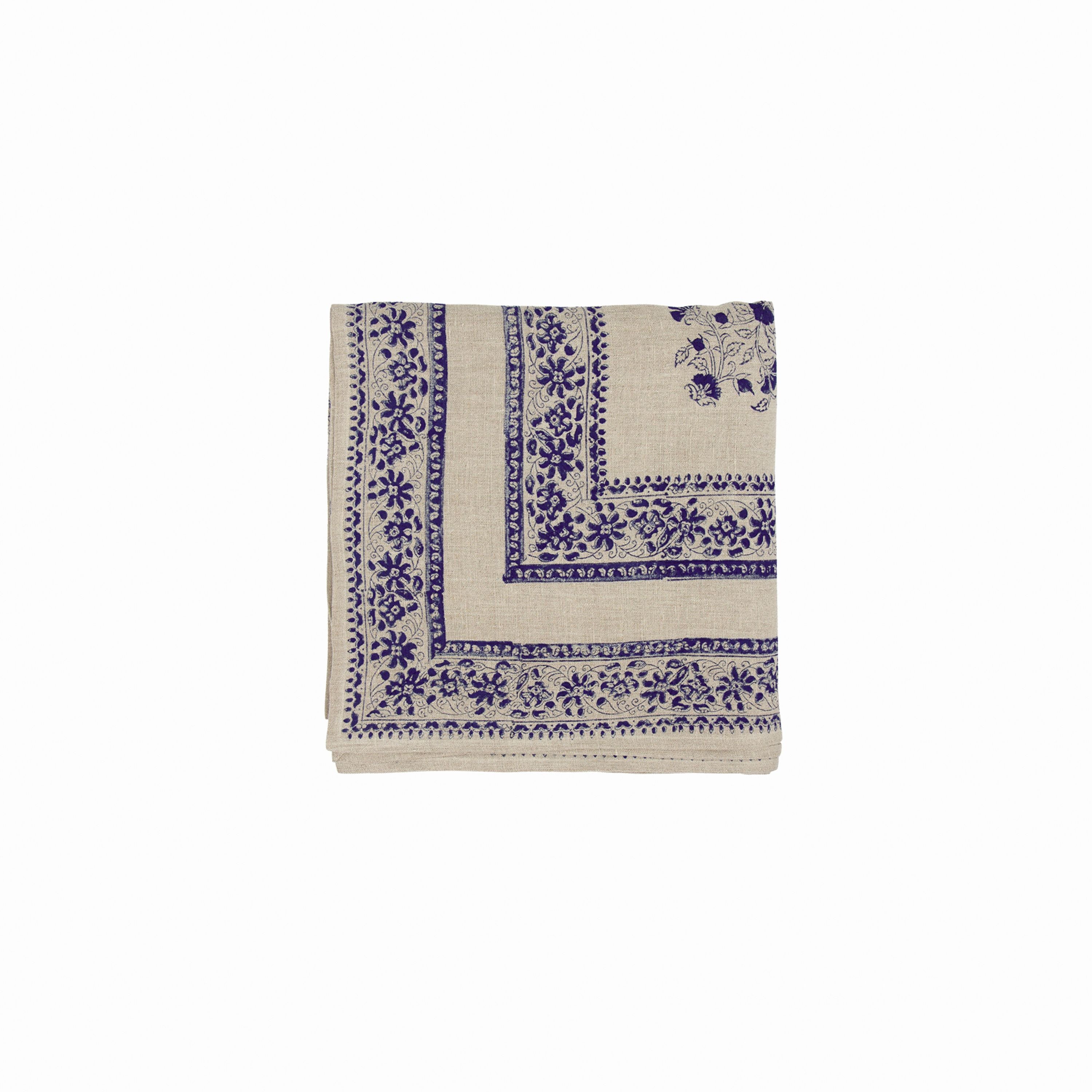 French Country Sofia Handblocked Floral Azure Tablecloth Small