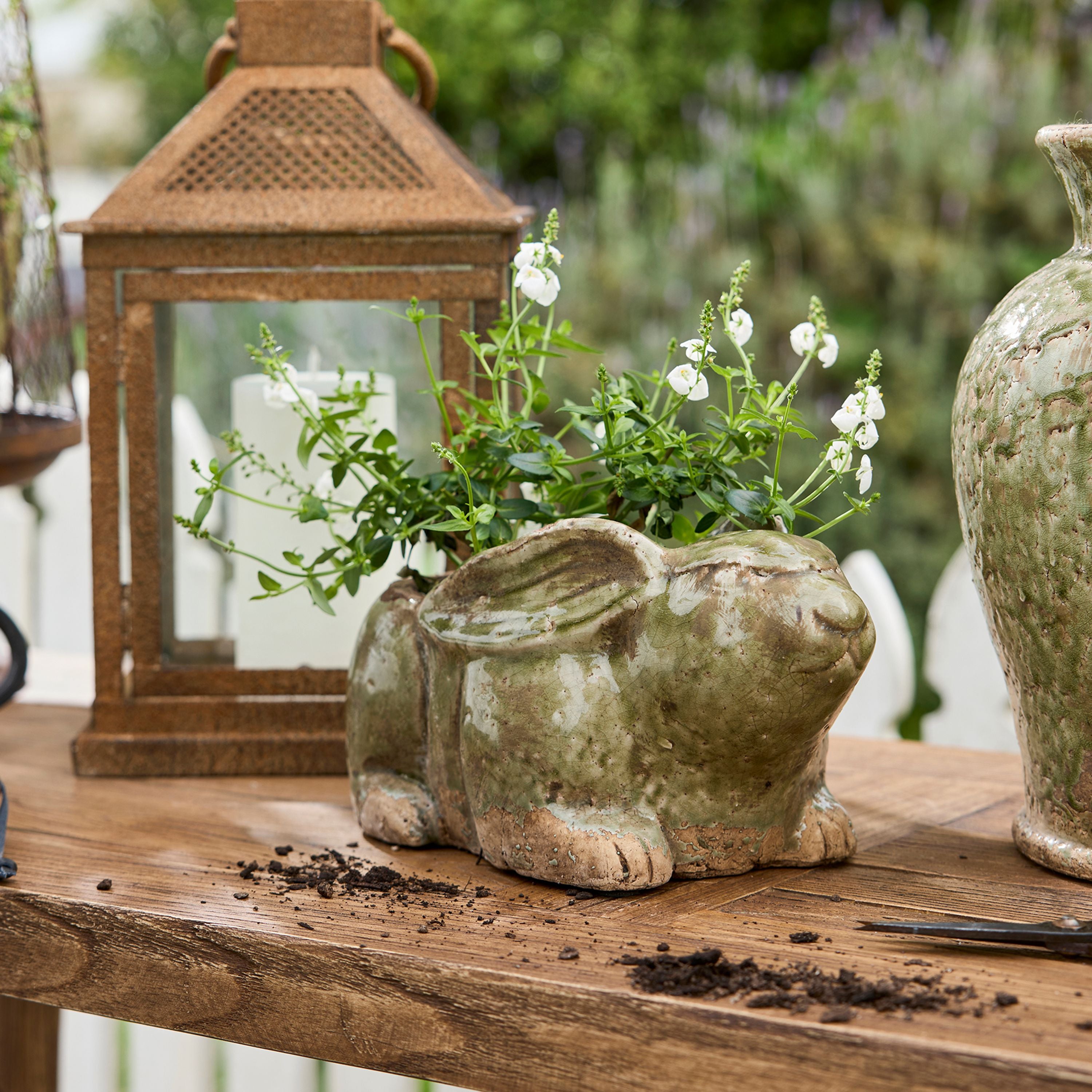 French Country Celadon Rabbit Planter
