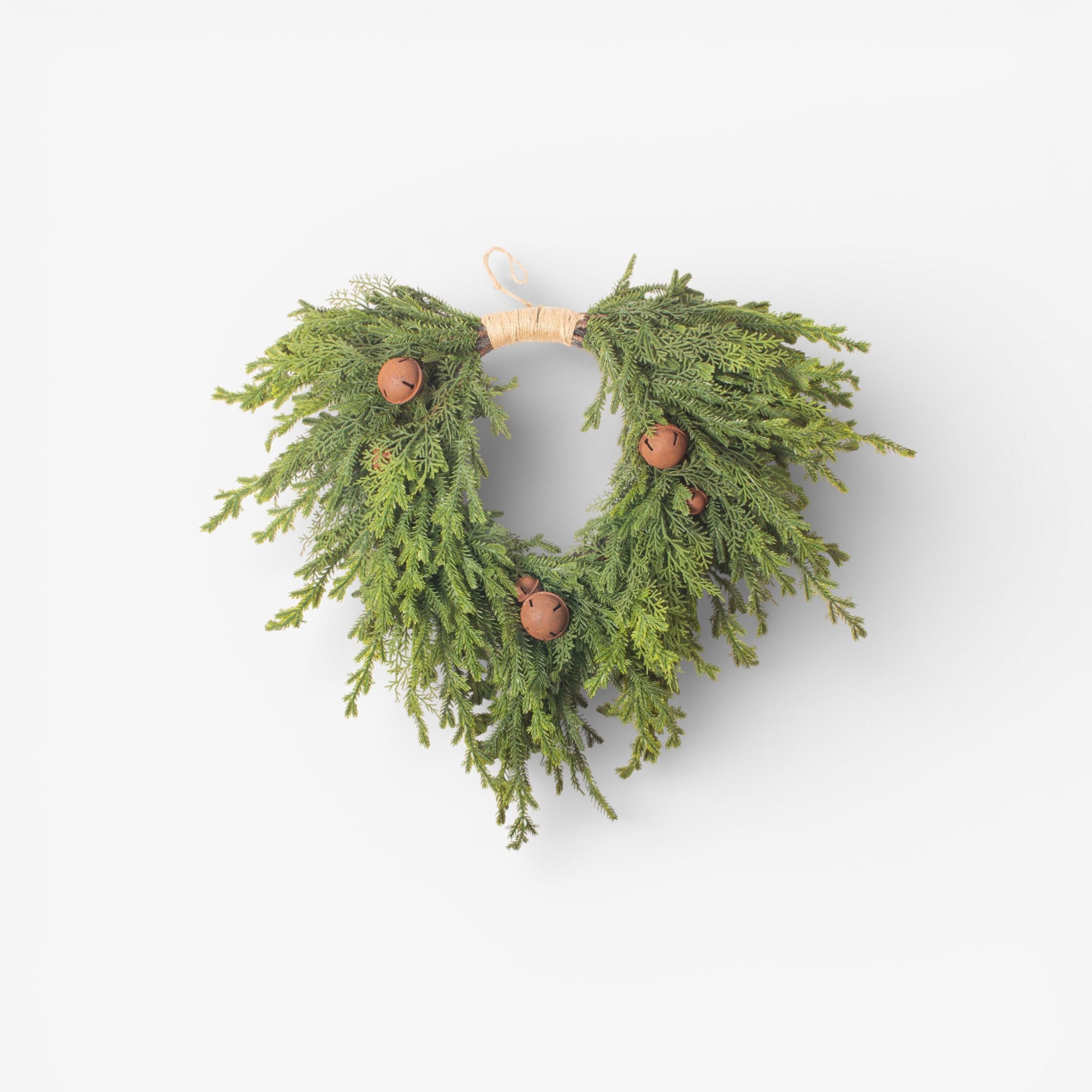 French Country Pine Heart Wreath with Bells Small
