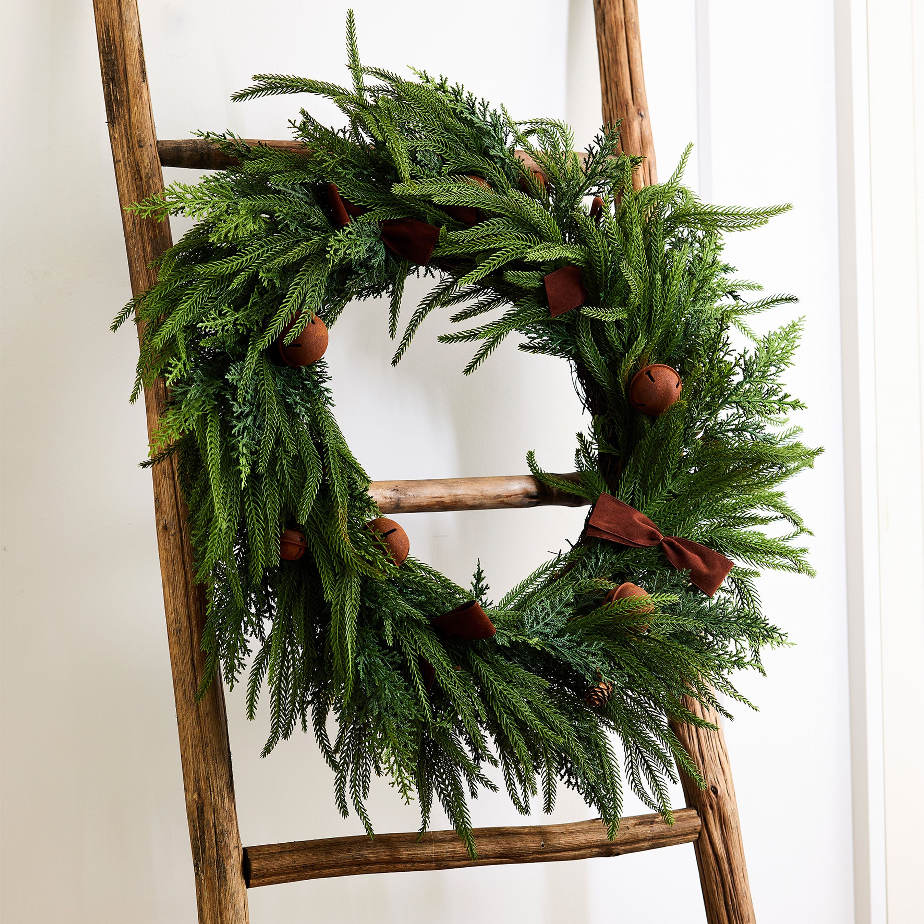 French Country Mixed Pine Wreath Brown Velvet Bows and Bells