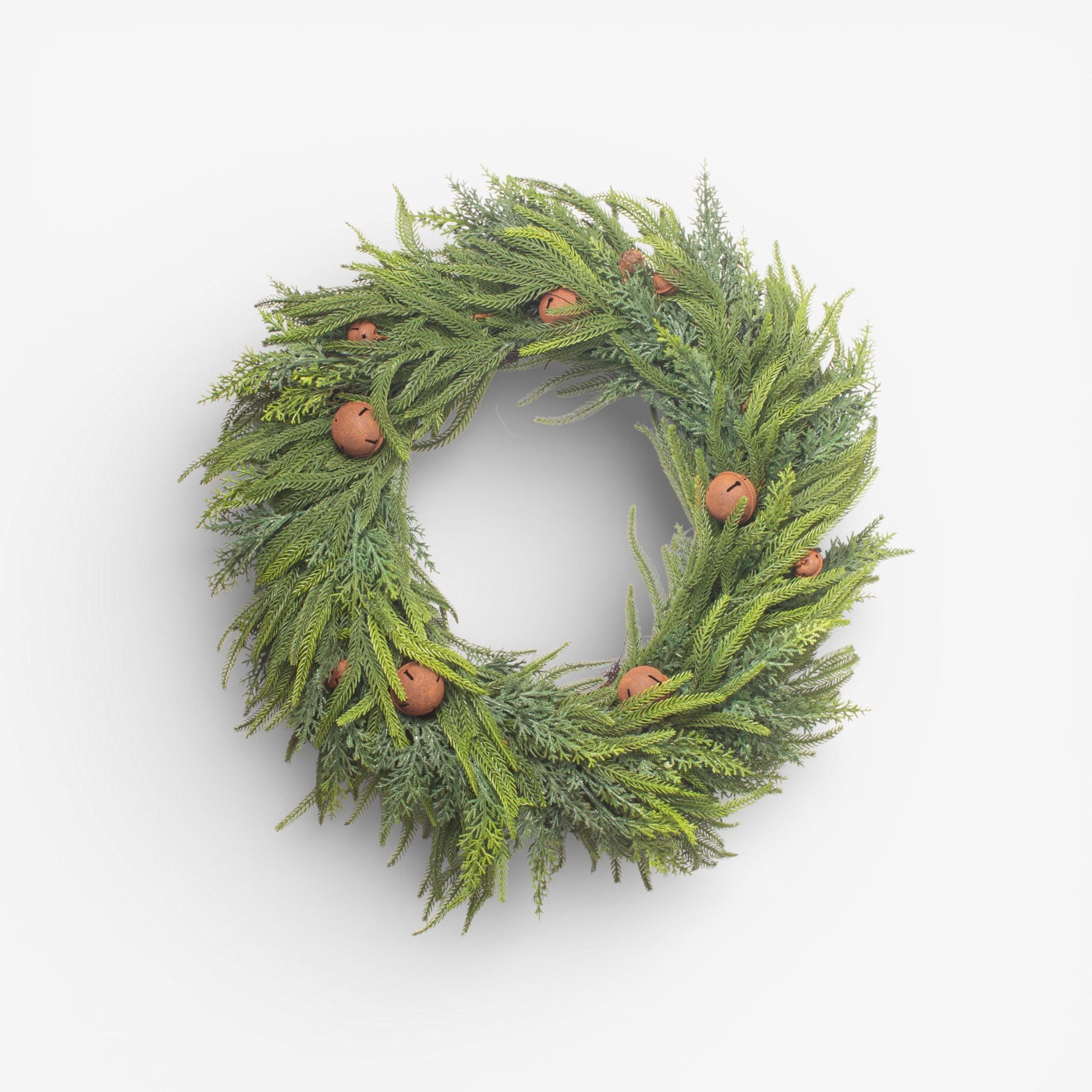 French Country Mixed Pine Wreath Brown Velvet Bows and Bells