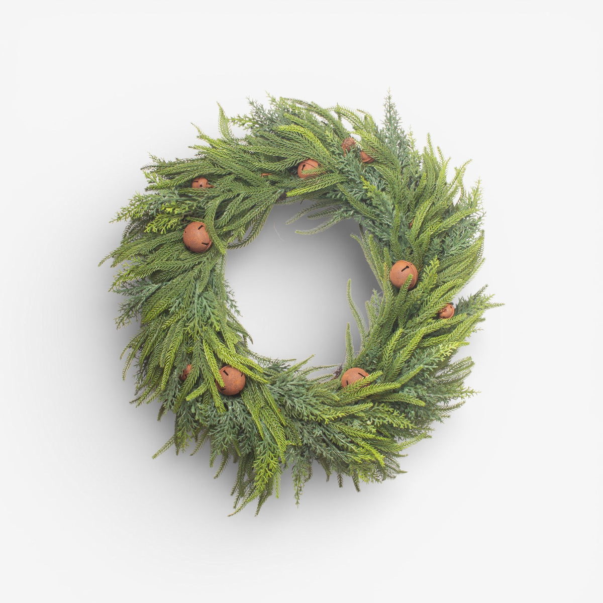 French Country Mixed Pine Wreath Brown Velvet Bows and Bells