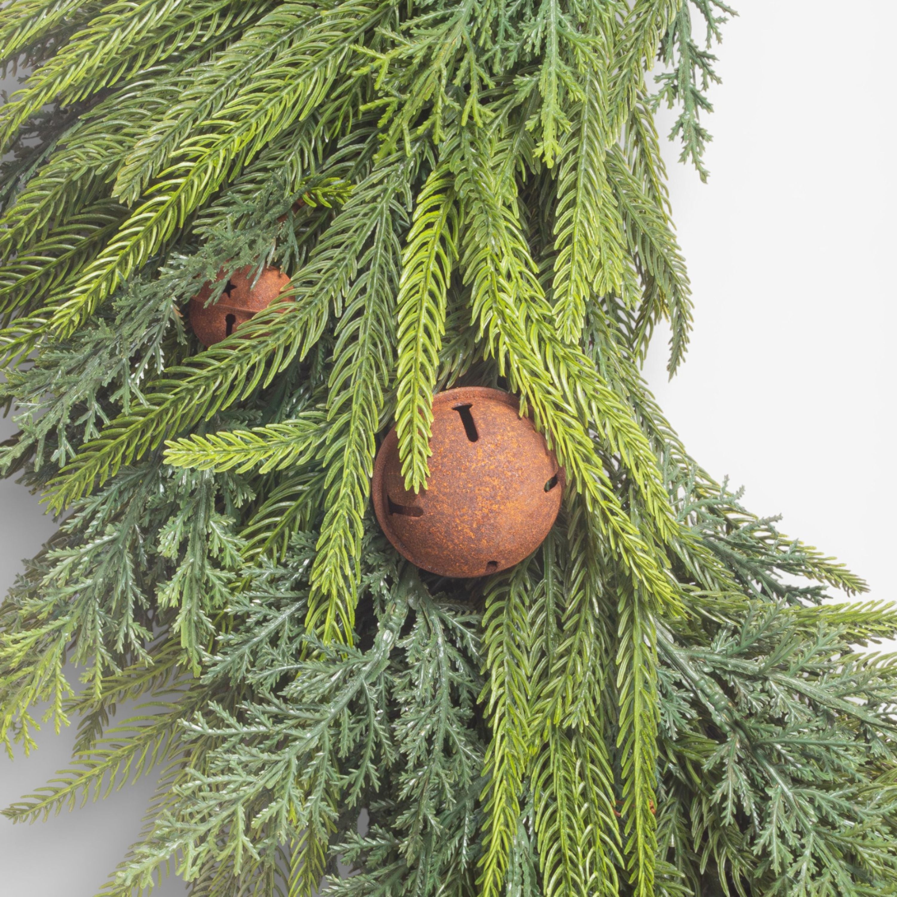 French Country Mixed Pine Wreath Brown Velvet Bows and Bells