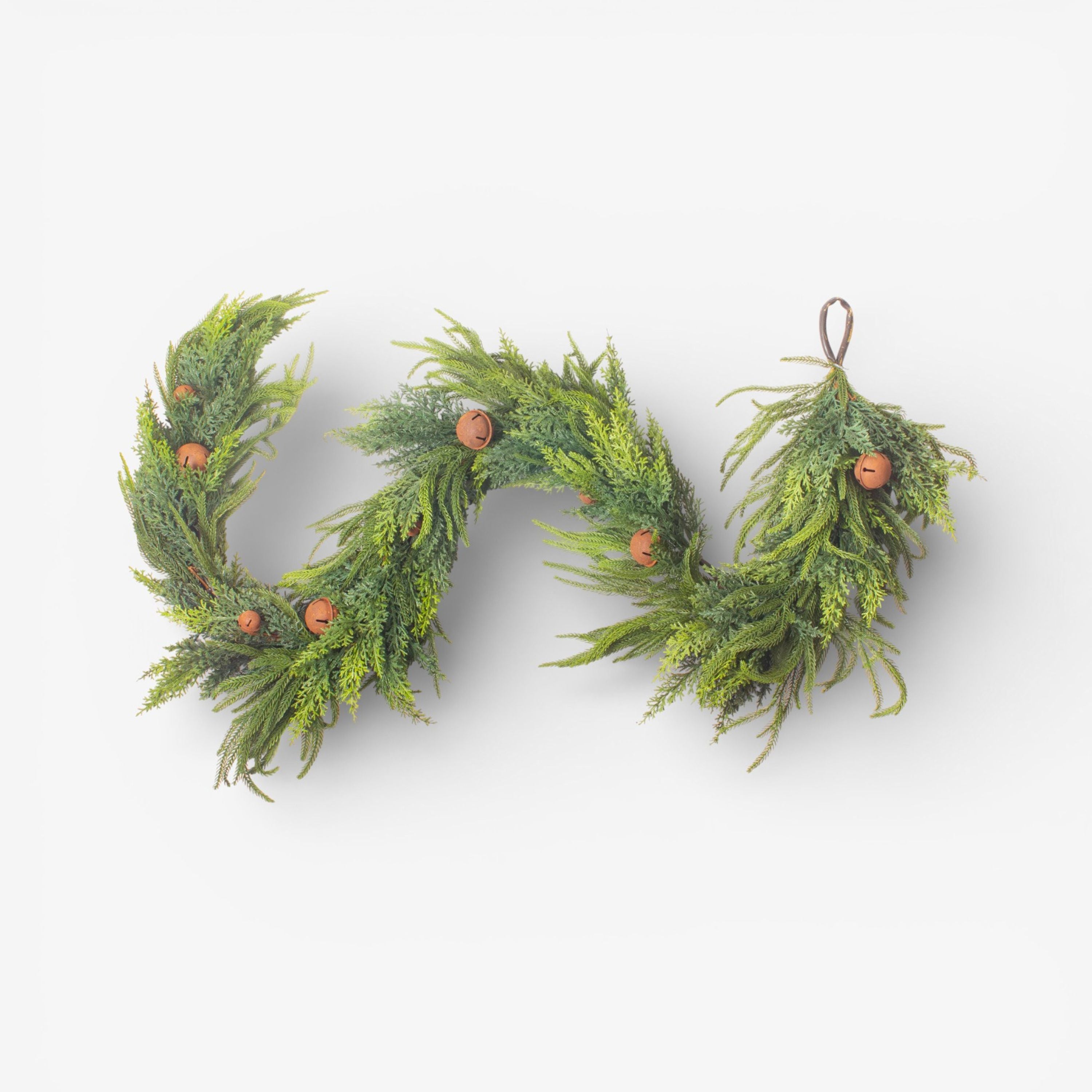 French Country Mixed Pine Garland Brown Velvet Bows and Bells