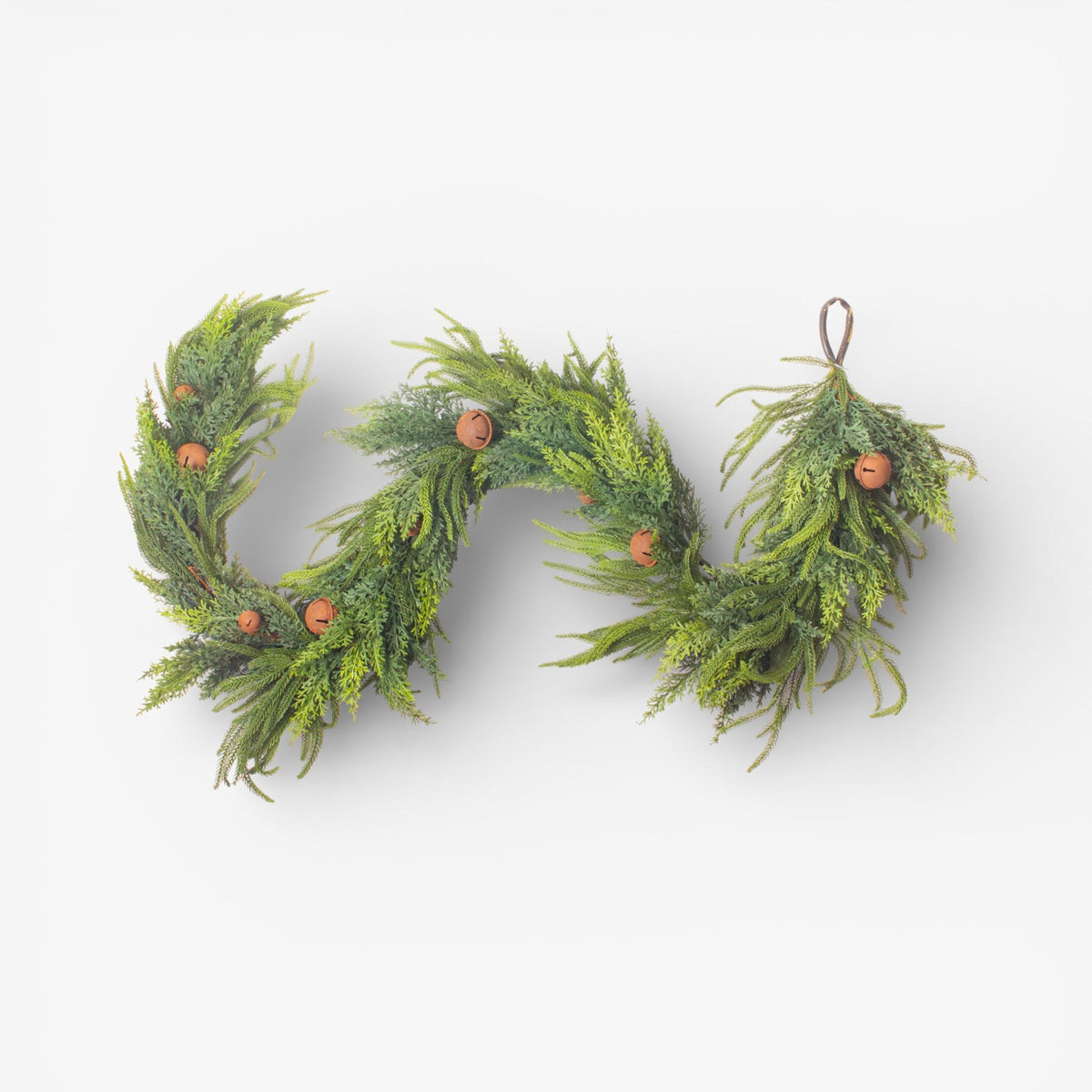 French Country Mixed Pine Garland Brown Velvet Bows and Bells