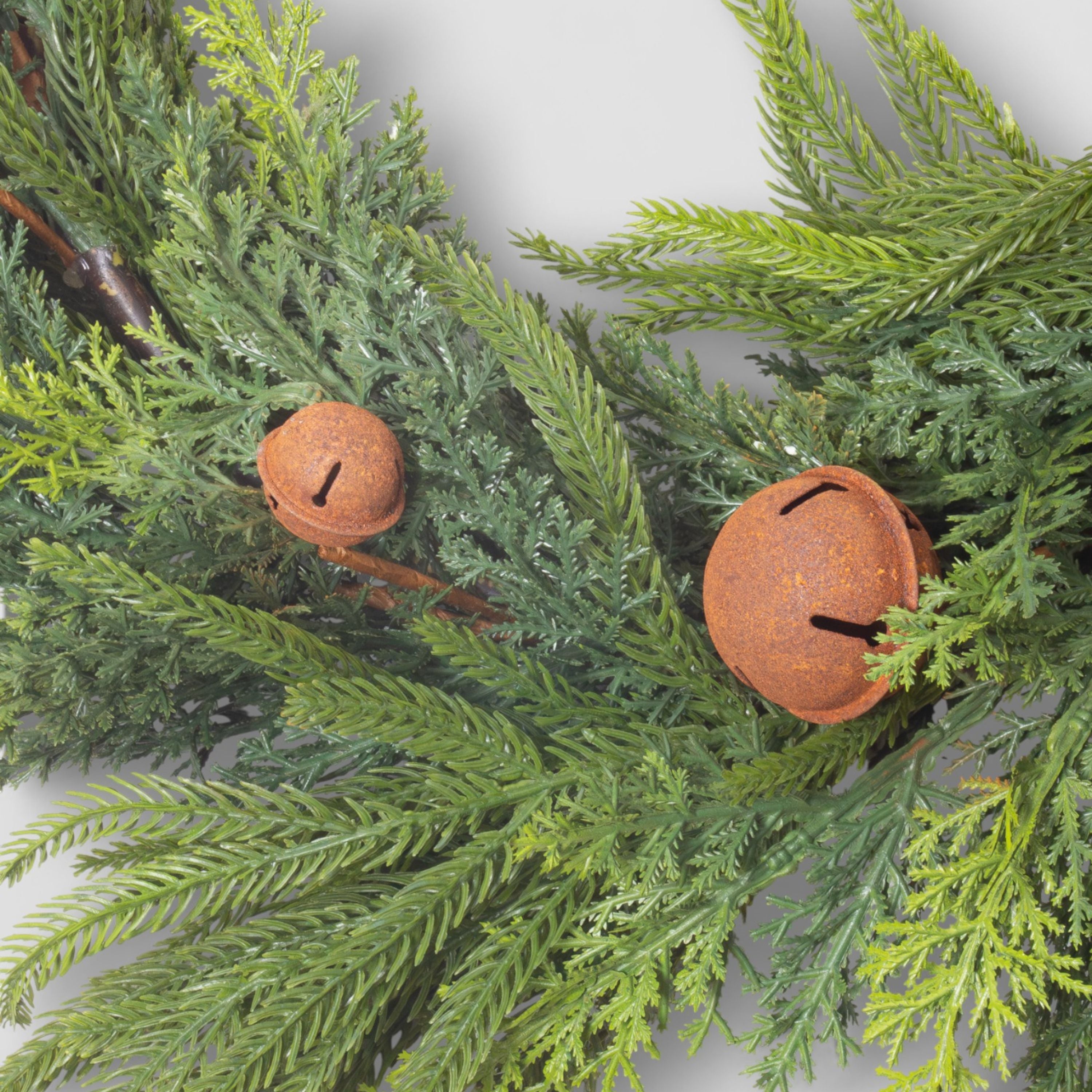 French Country Mixed Pine Garland Brown Velvet Bows and Bells