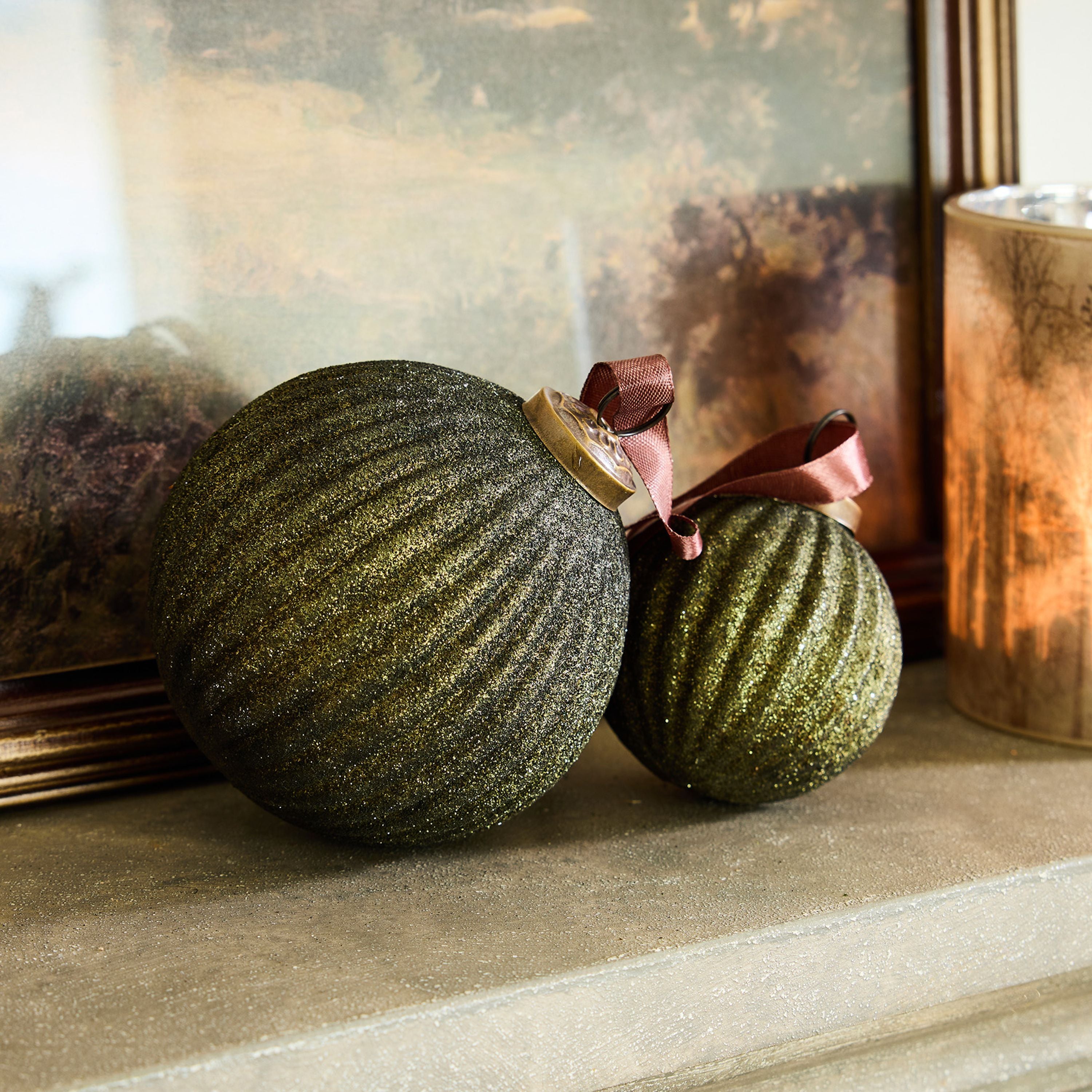 French Country Stripe Glitter Bauble Green 8cm