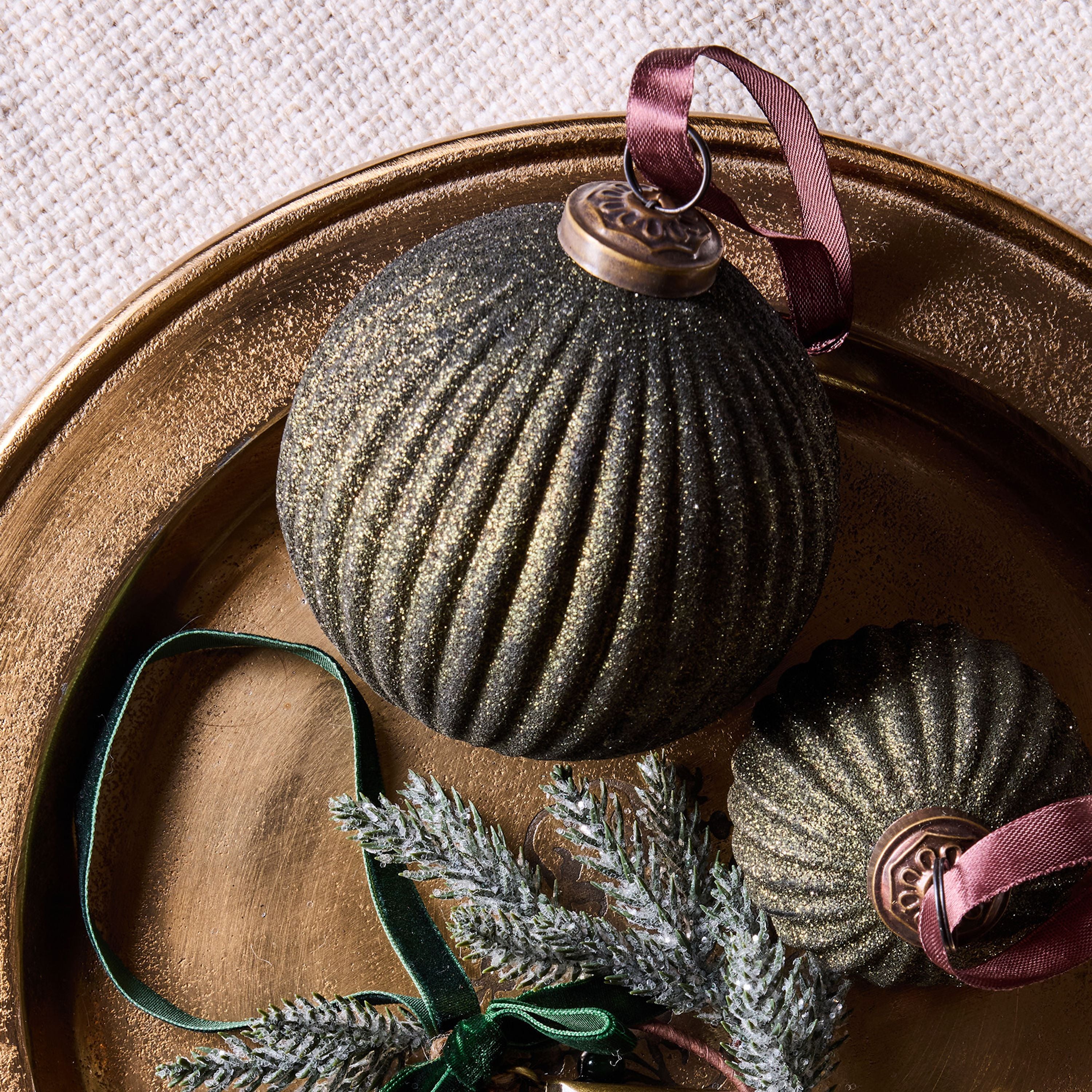 French Country Stripe Glitter Bauble Green 10cm