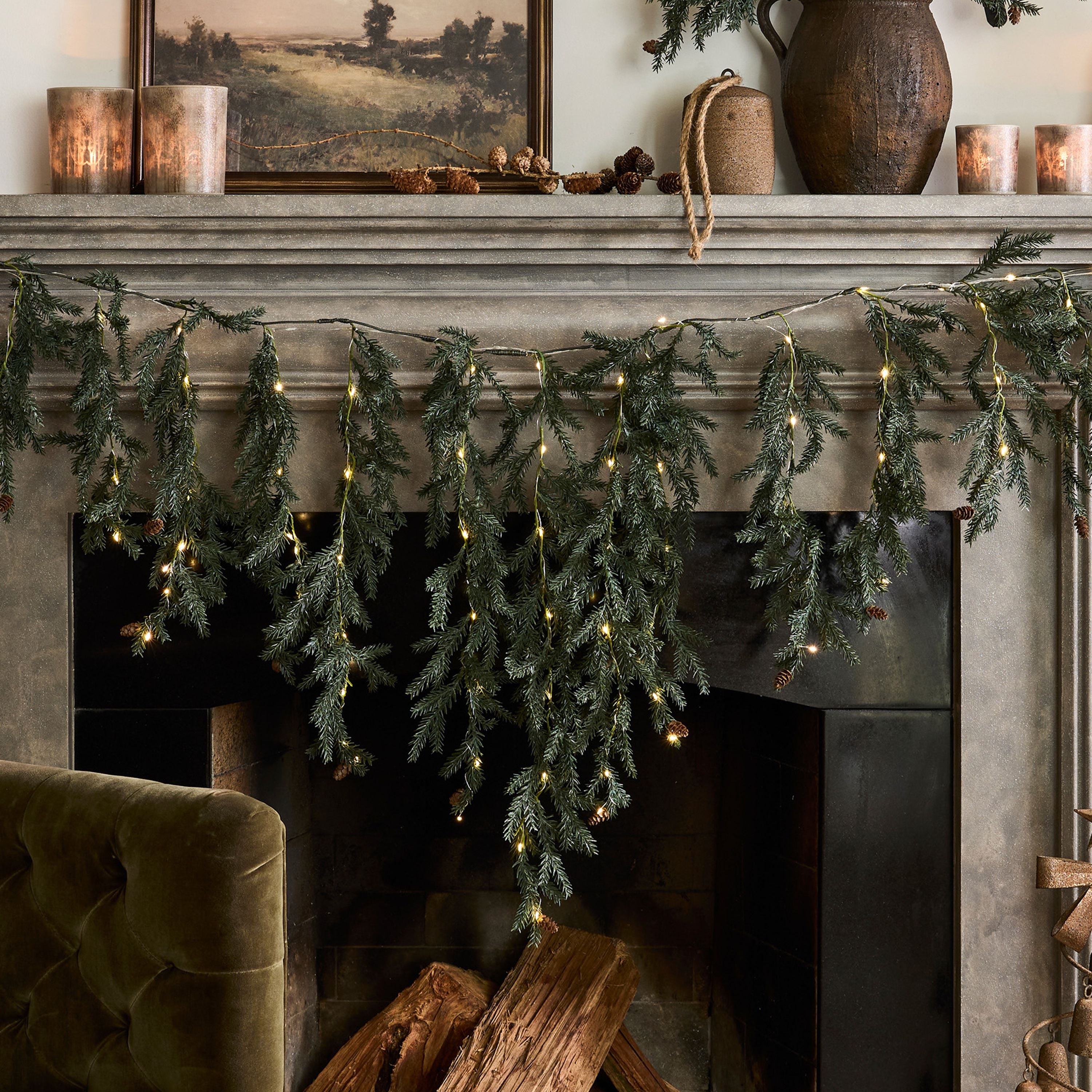French Country Pinecone Light Up Mantle Garland