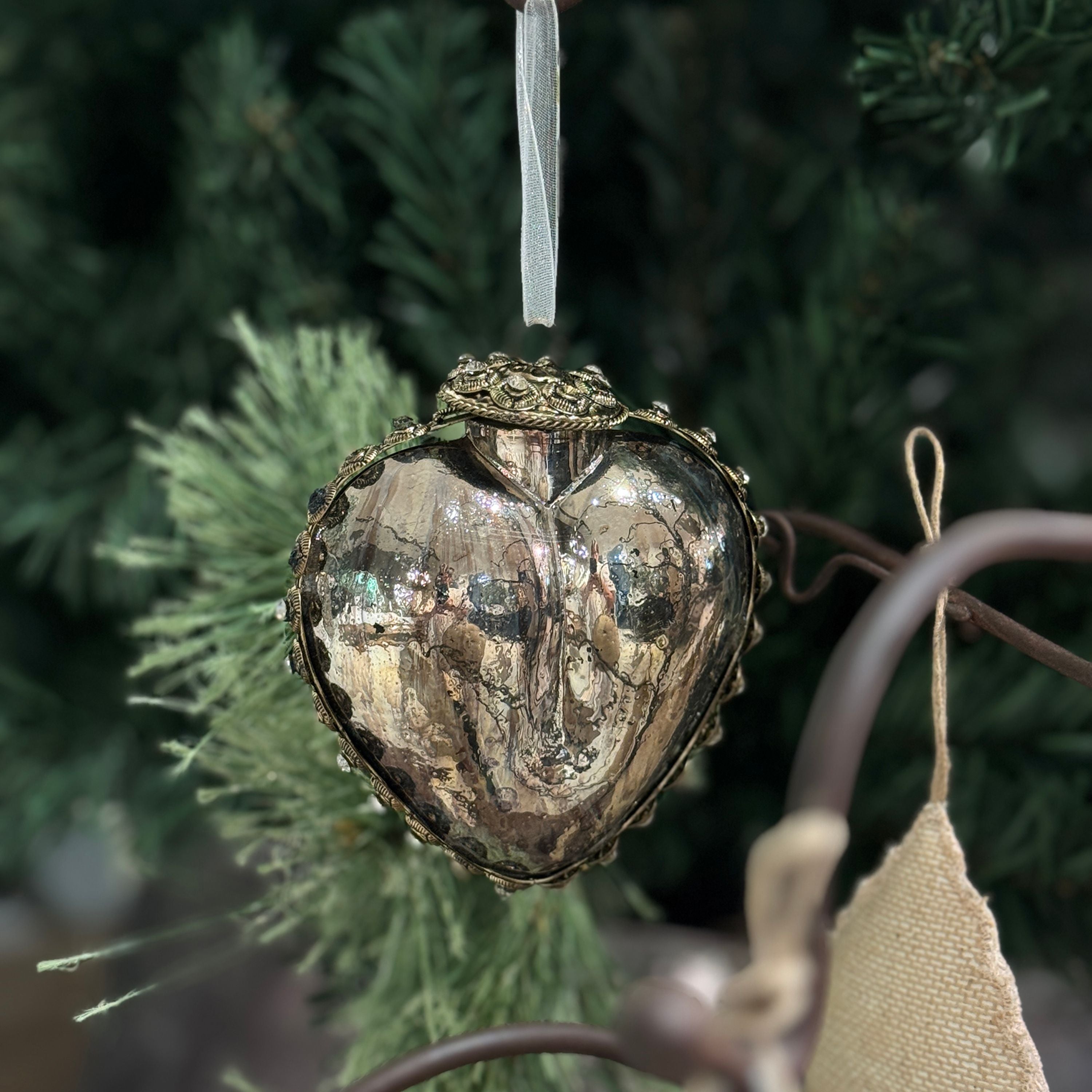French Country Ornate Glass Heart Silver