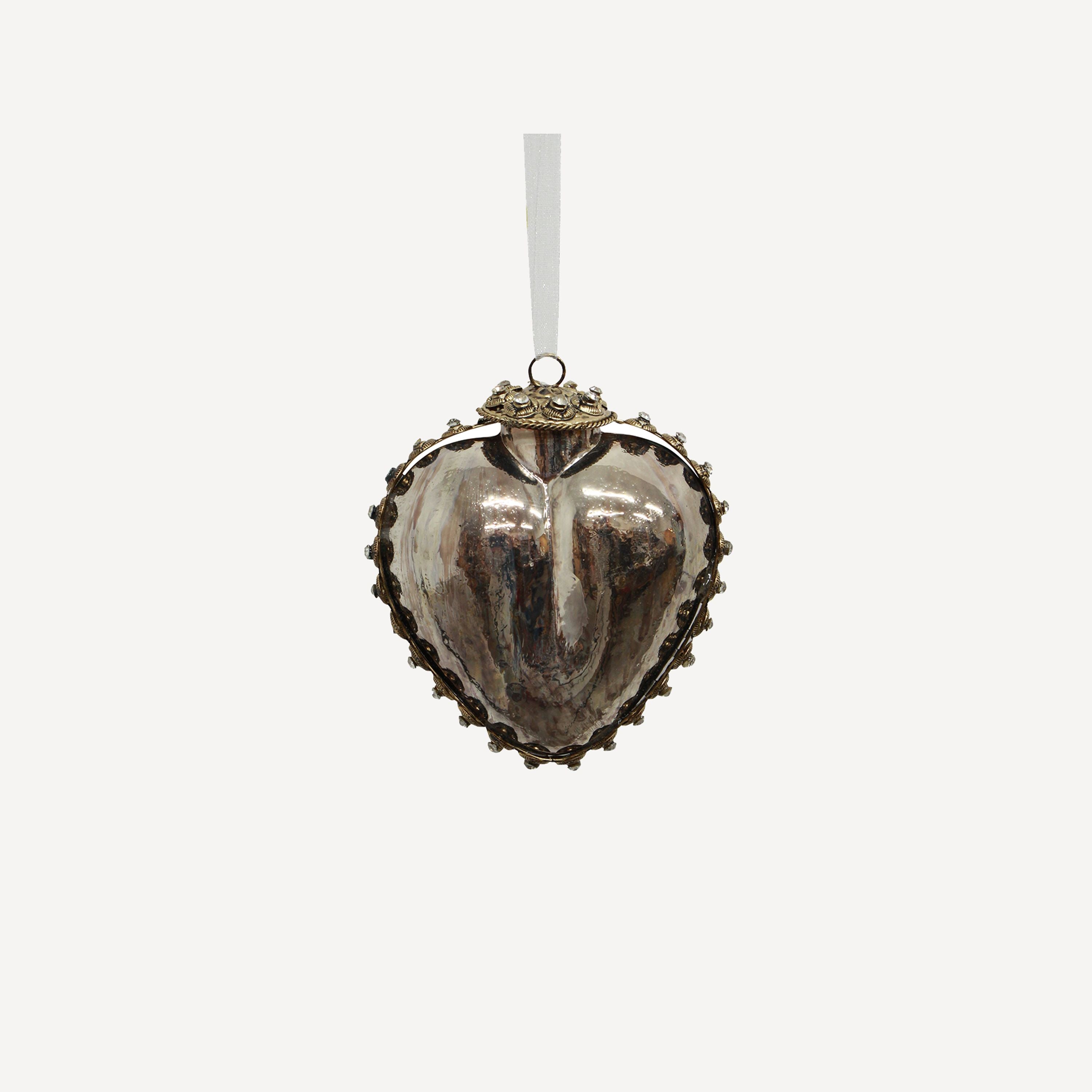 French Country Ornate Glass Heart Silver