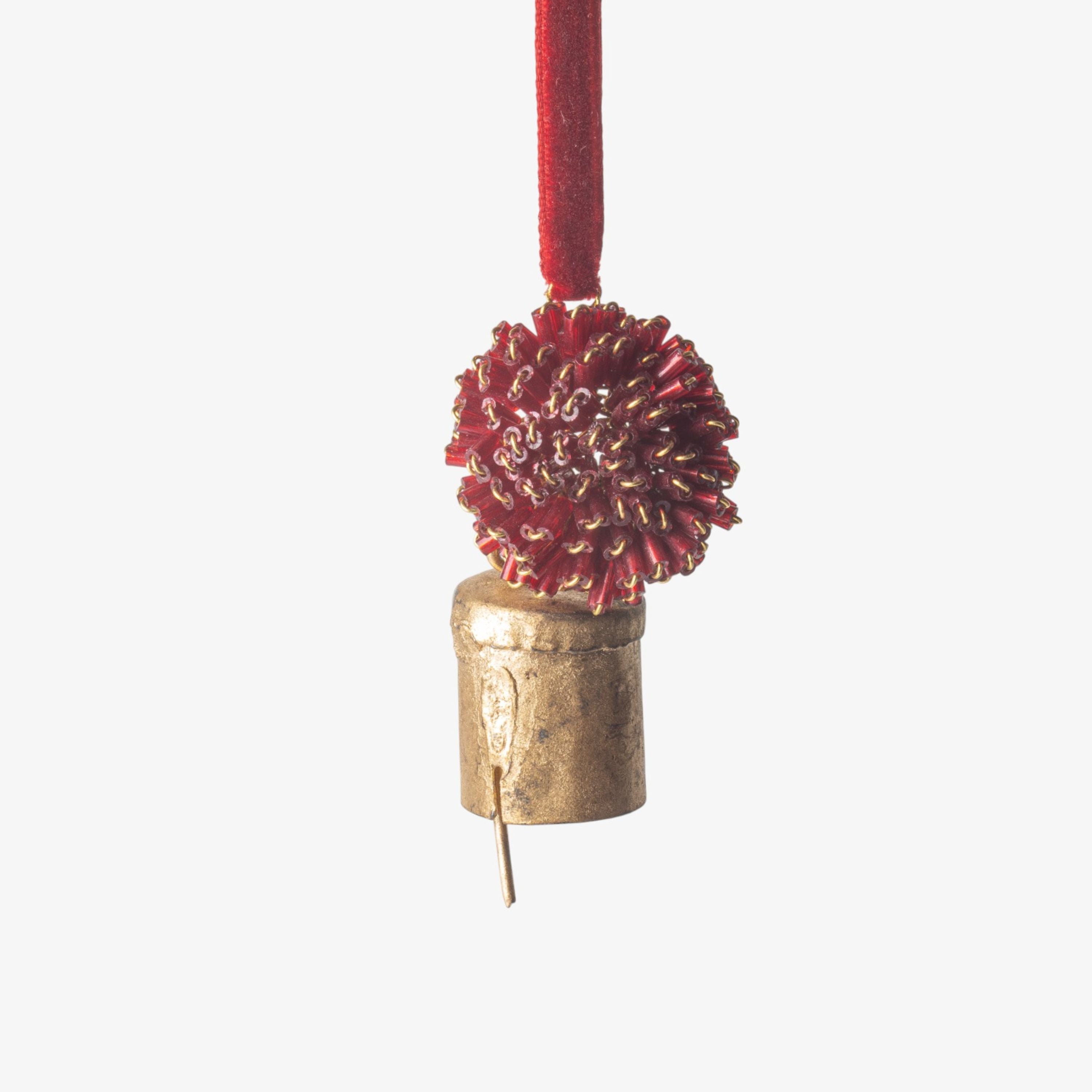 French Country Beaded Pompom Bell Decoration Red
