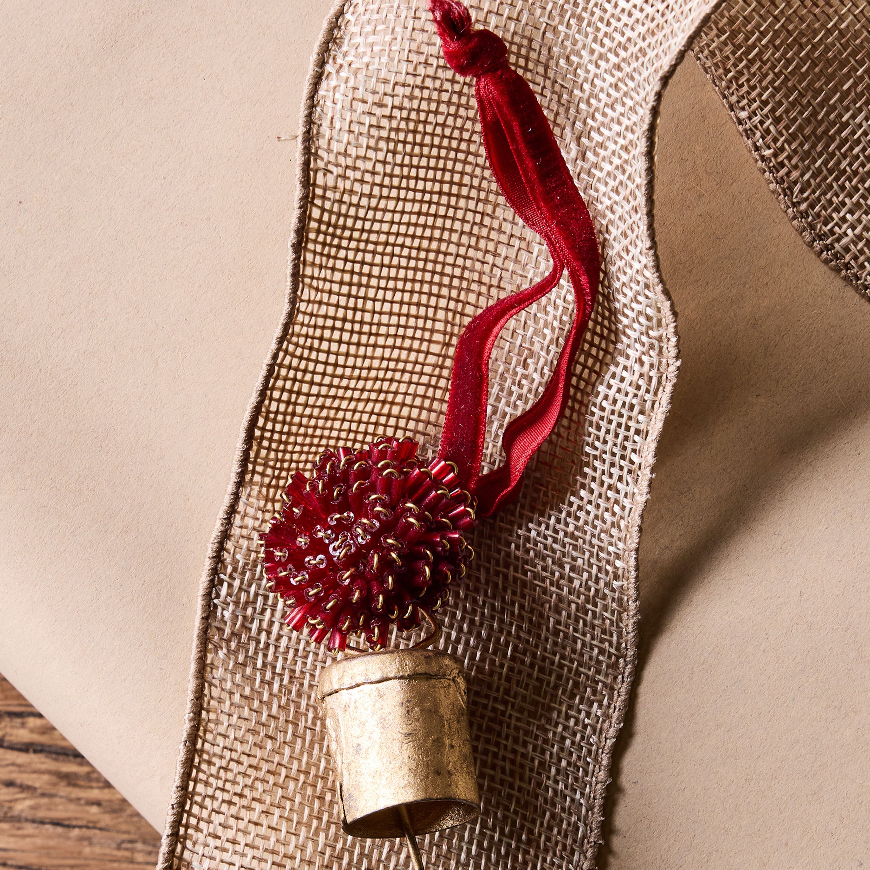 French Country Beaded Pompom Bell Decoration Red