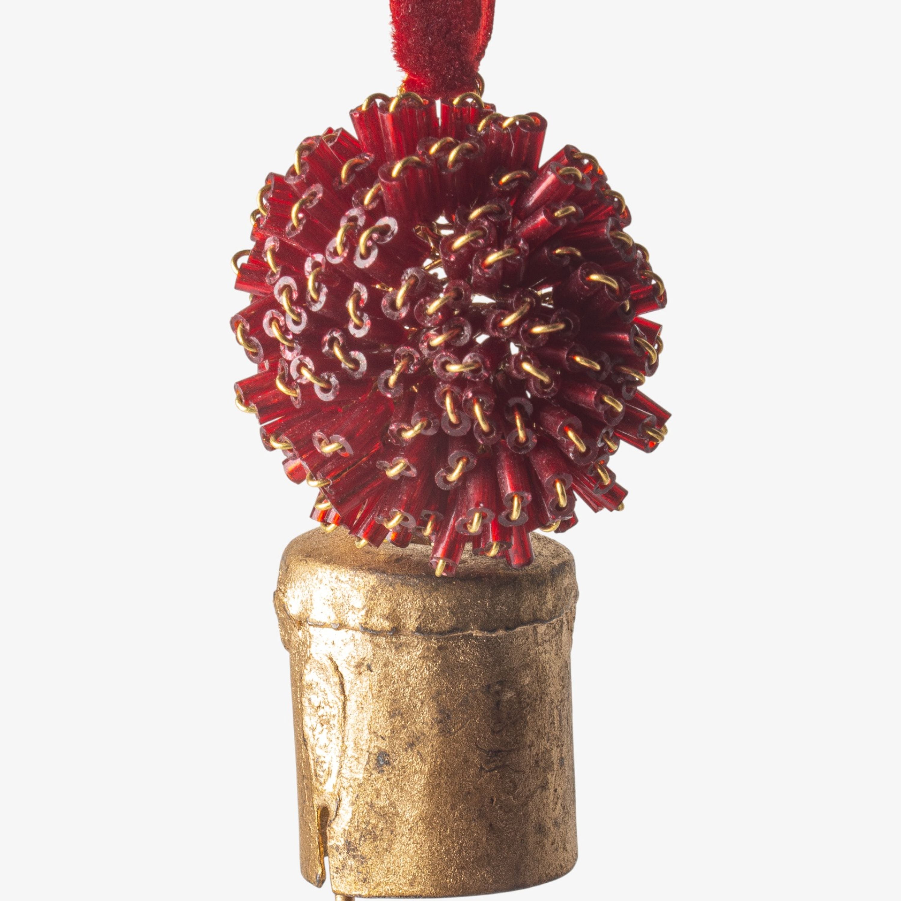 French Country Beaded Pompom Bell Decoration Red