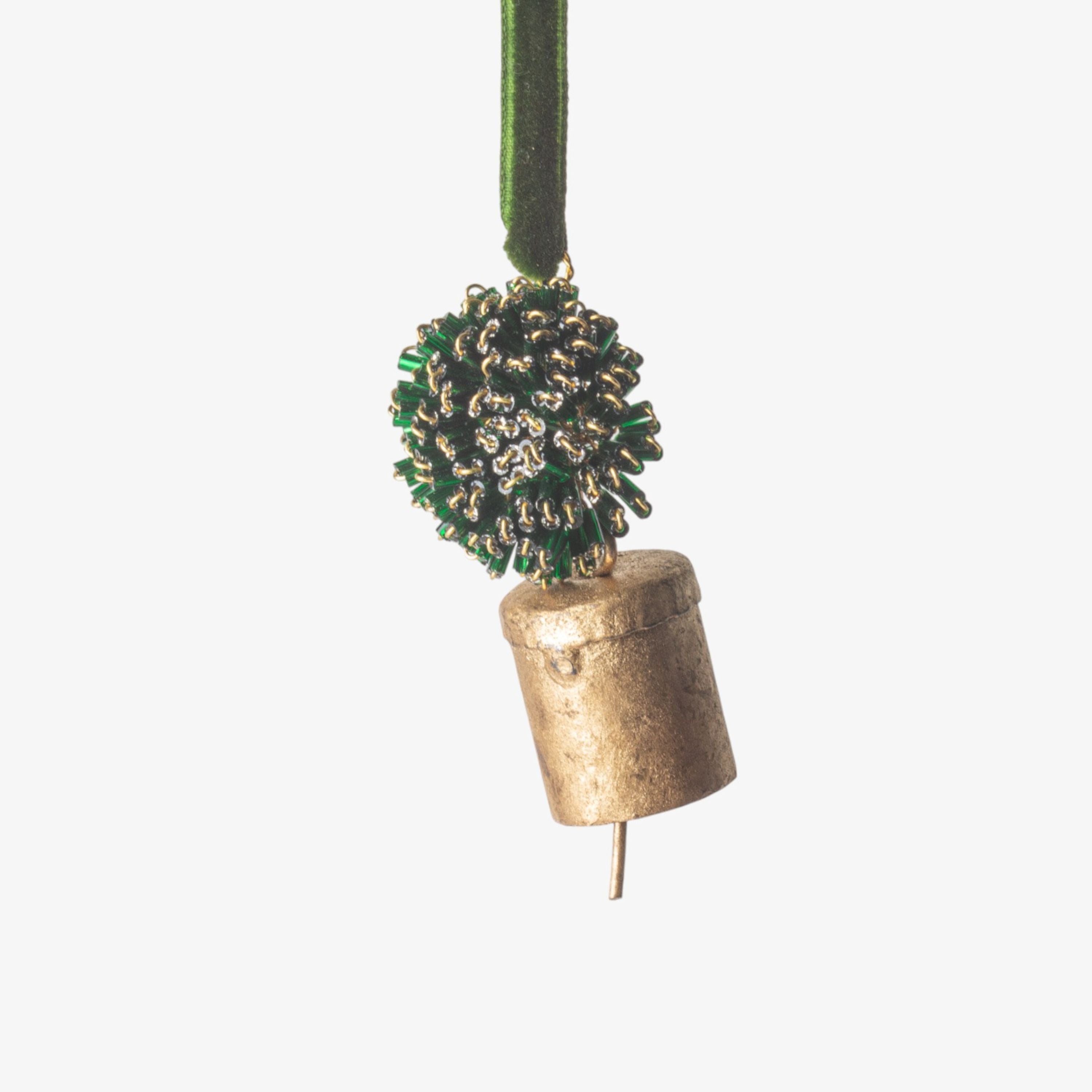 French Country Beaded Pompom Bell Decoration Green