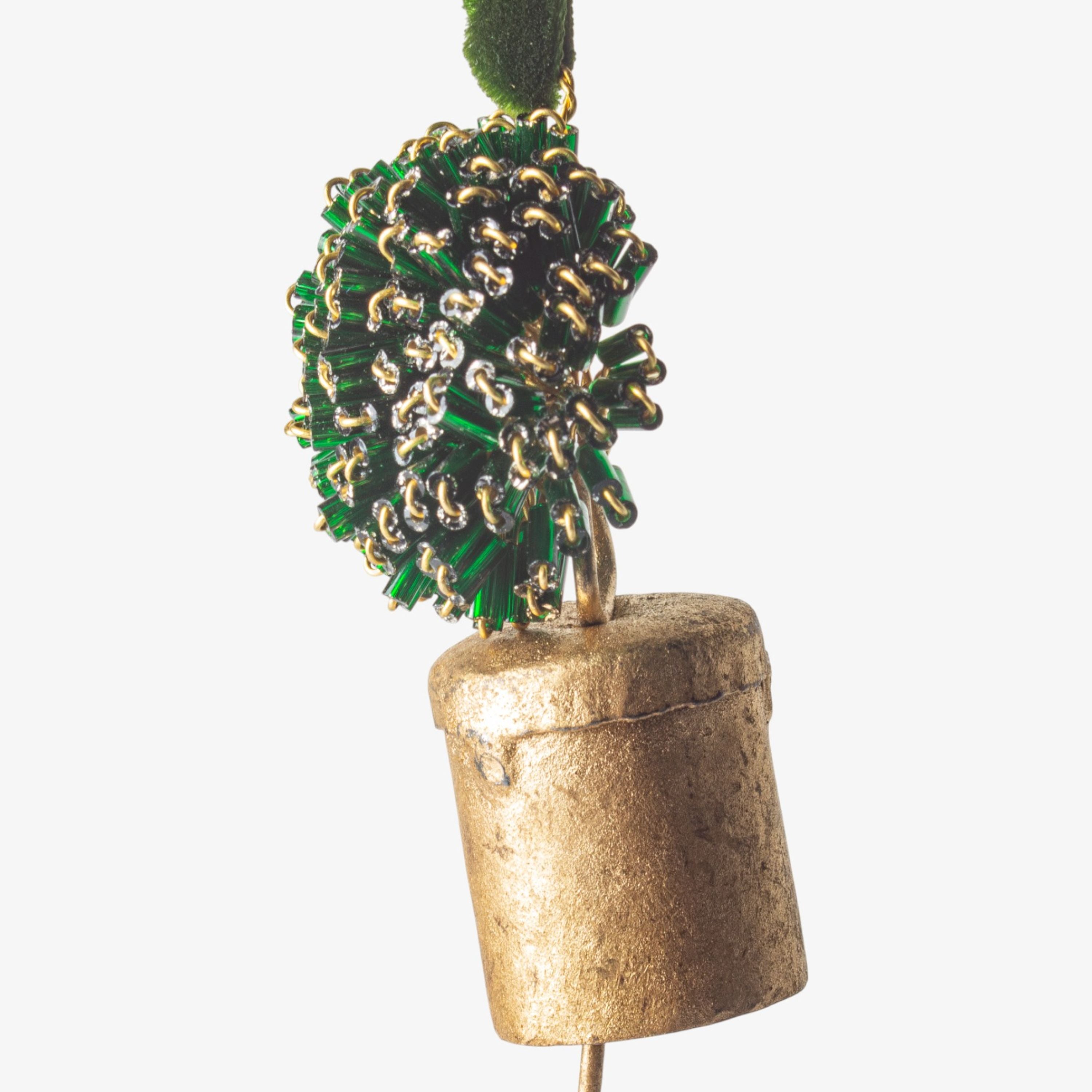French Country Beaded Pompom Bell Decoration Green