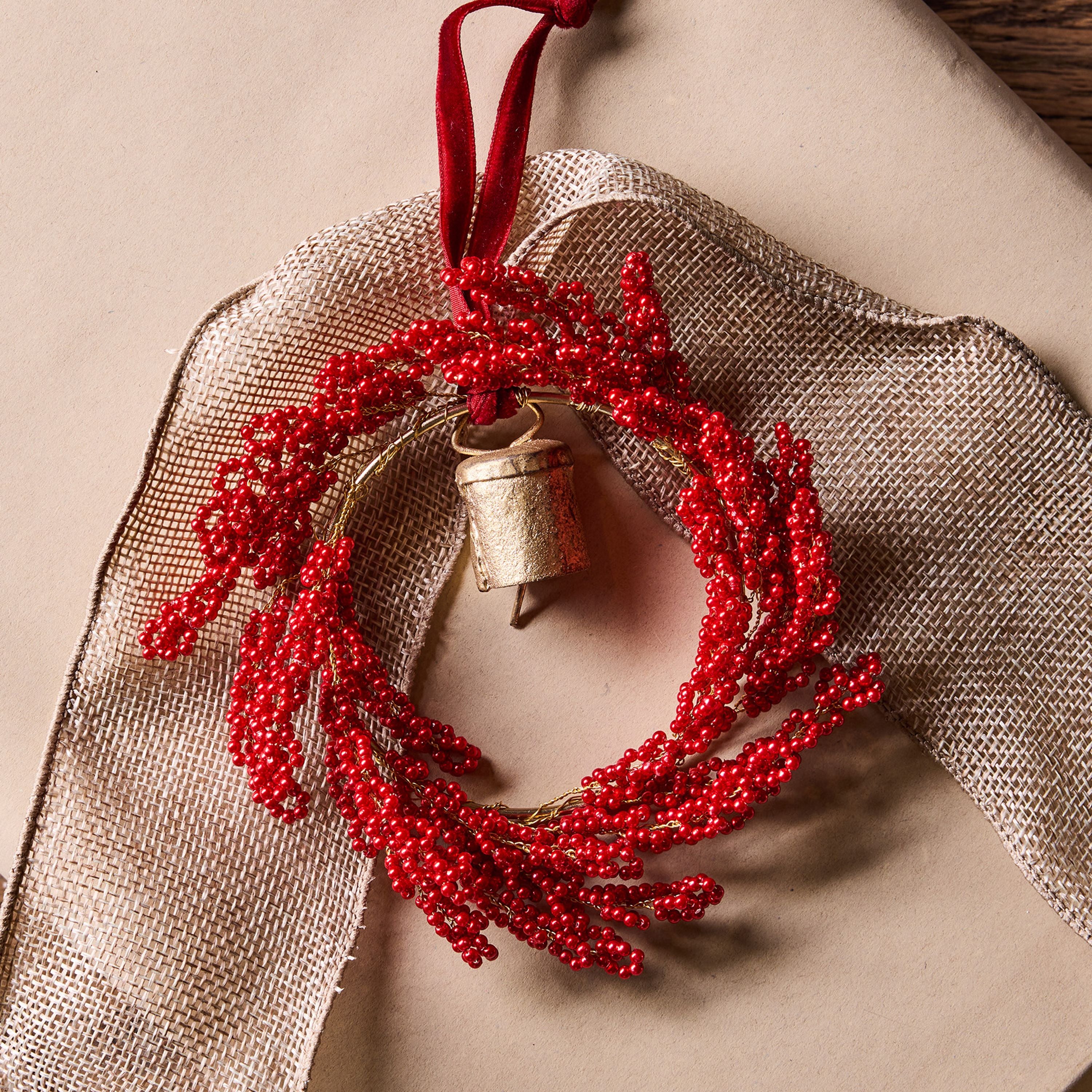 French Country Hanging Beaded Ring with Bell Red