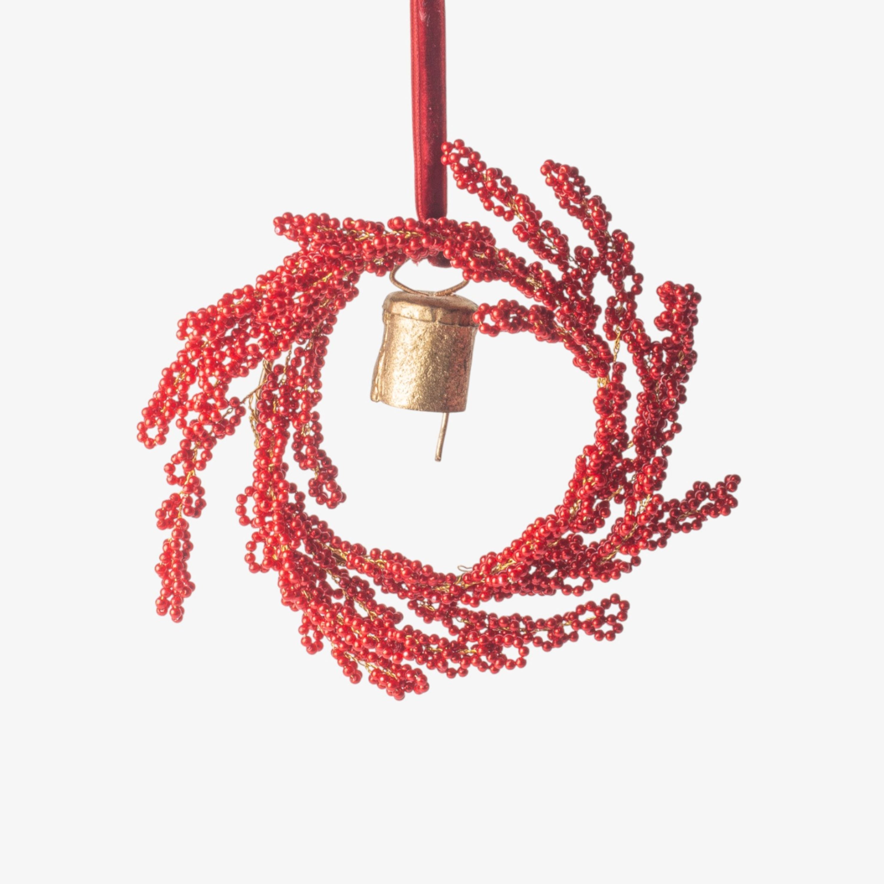 French Country Hanging Beaded Ring with Bell Red