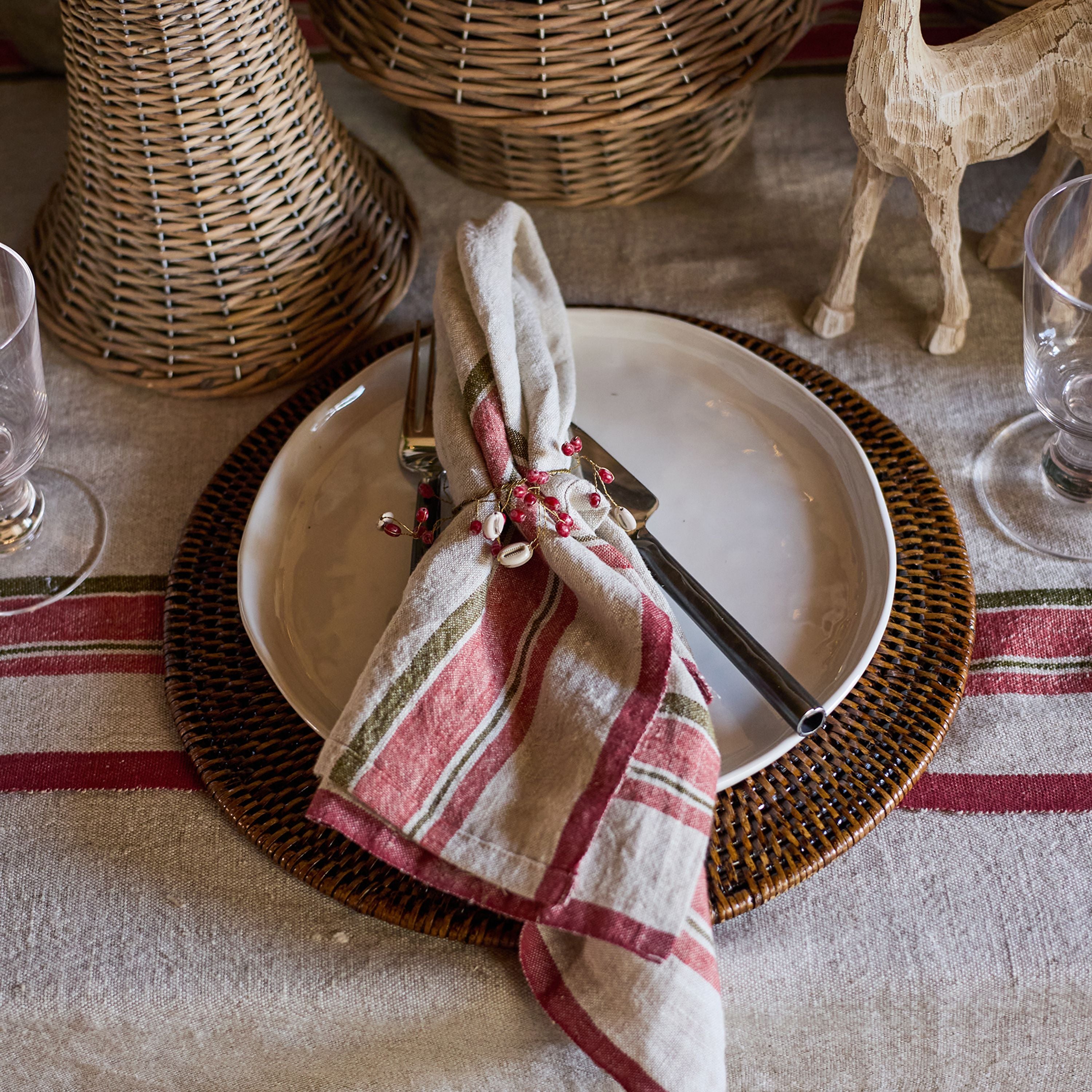 French Country Red Selvedge Stripe Linen Napkin