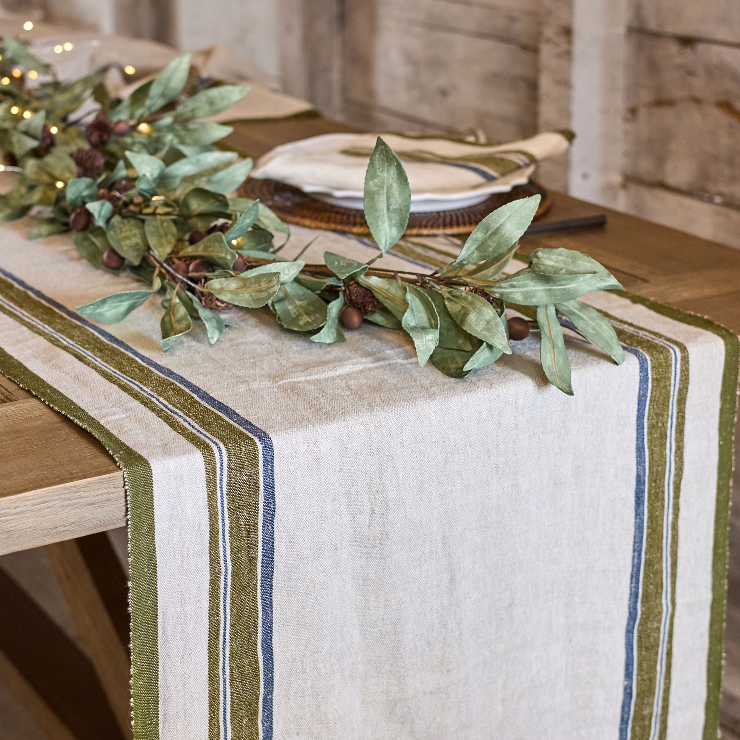 French Country Green Selvedge Stripe Linen Table Runner