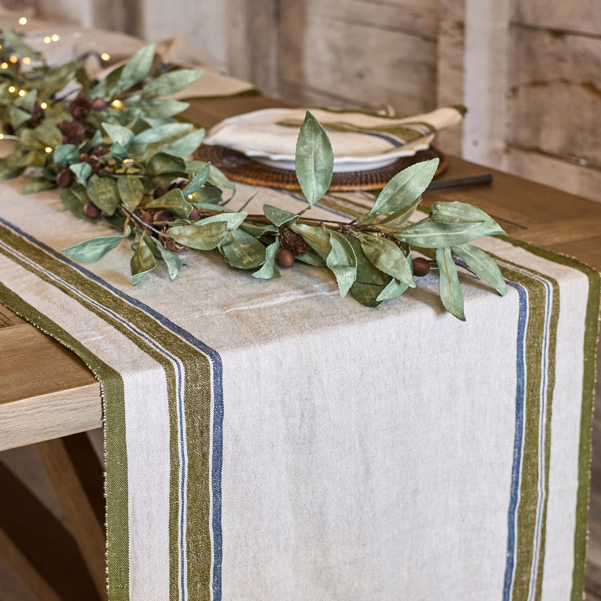French Country Green Selvedge Stripe Linen Table Runner