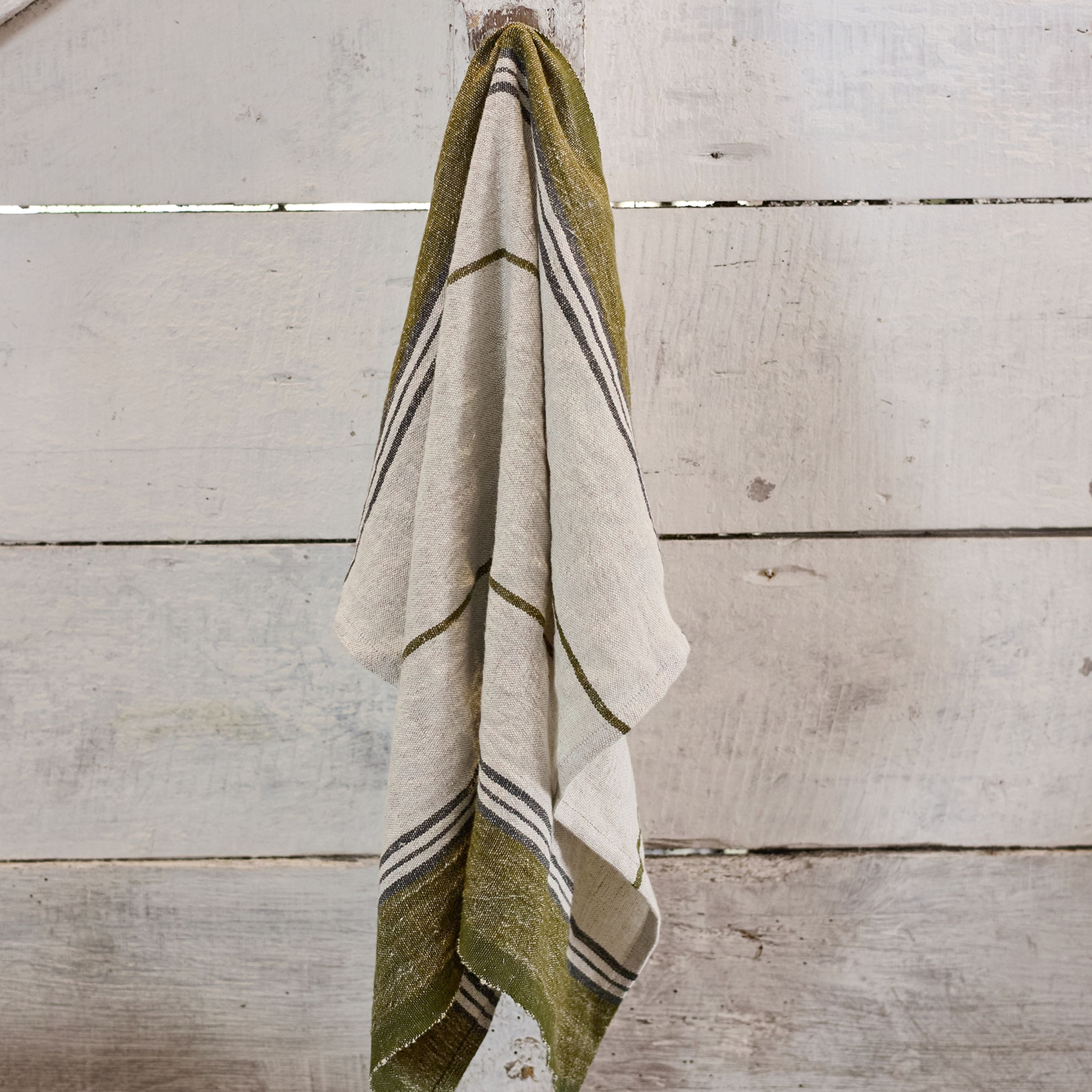 French Country Green Selvedge Stripe Linen Tea Towel