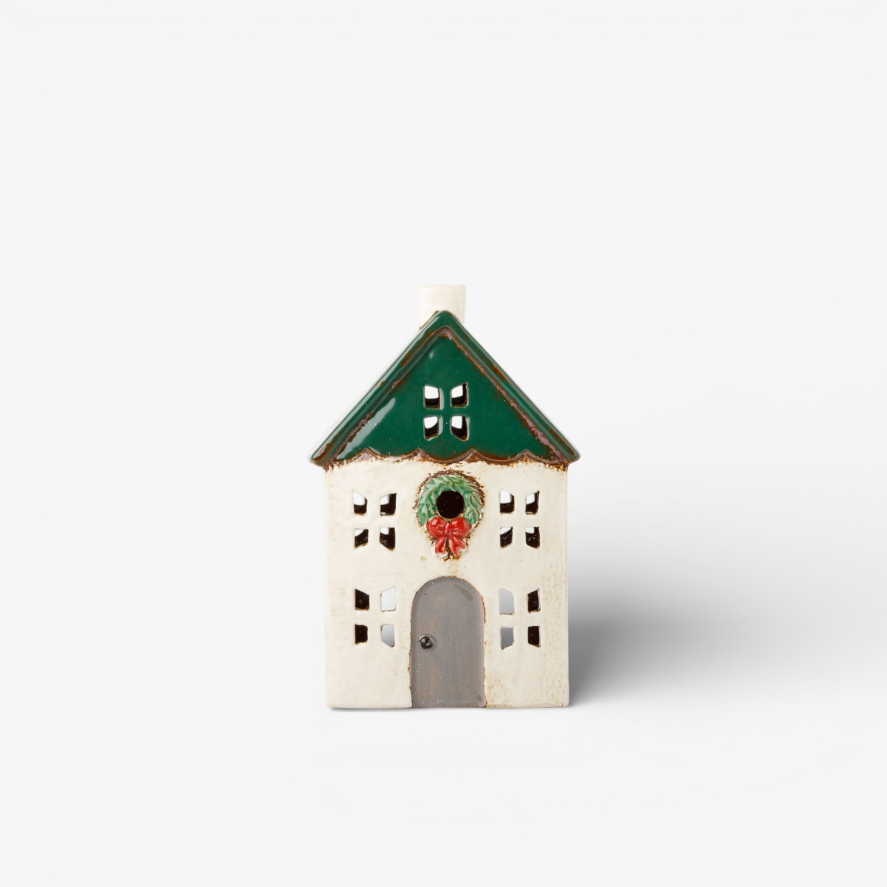 French Country Christmas Tea Light House Green with Wreath Small