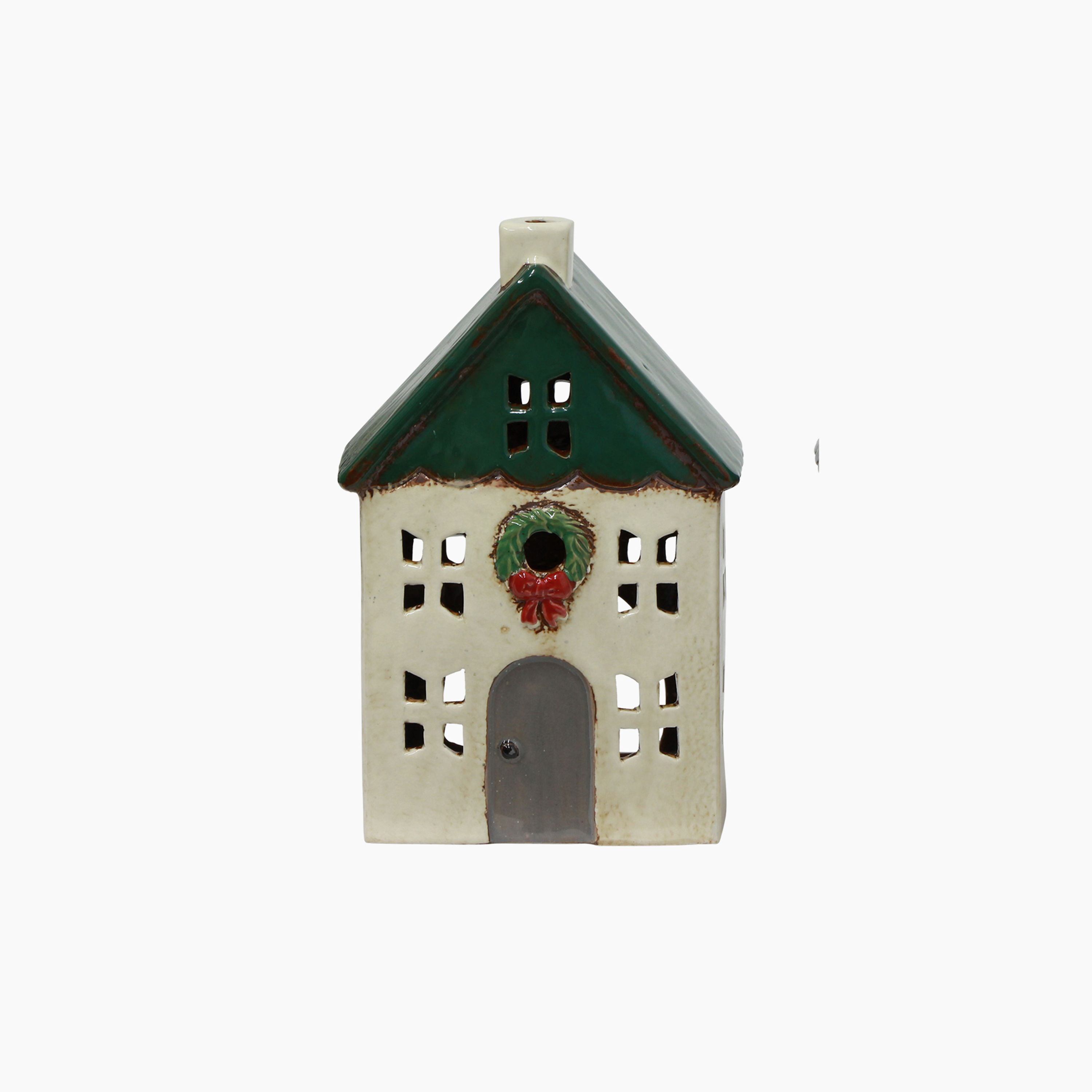 French Country Christmas Tea Light House Green with Wreath Small