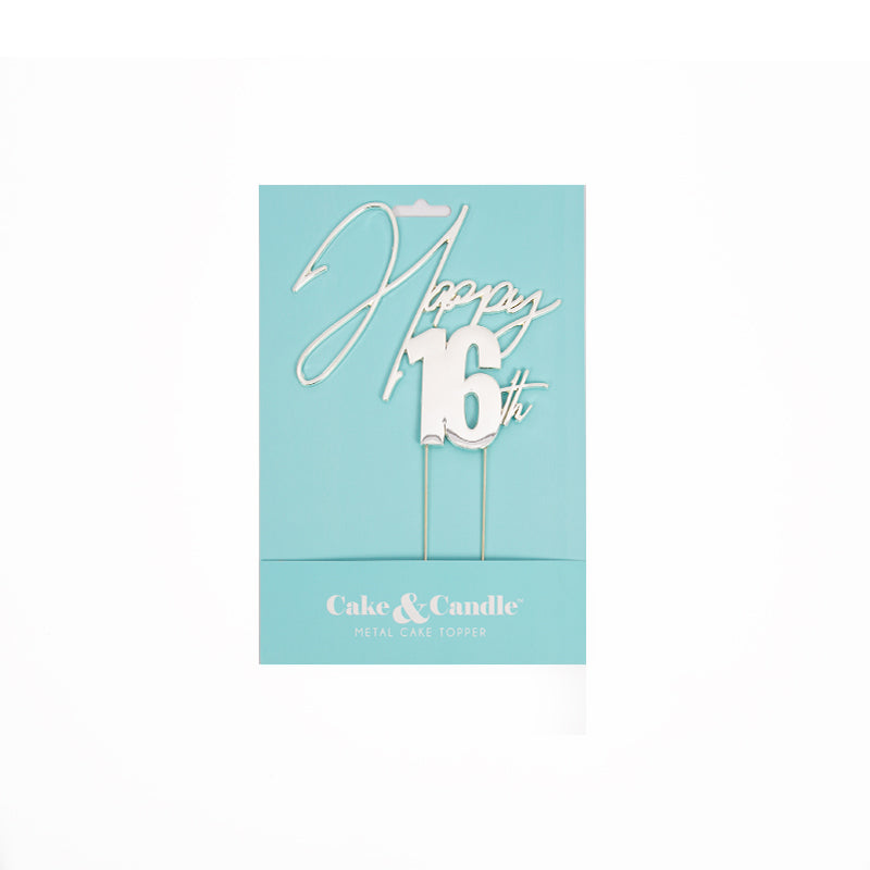 Cake & Candle Metal Cake Topper Happy 16th Silver