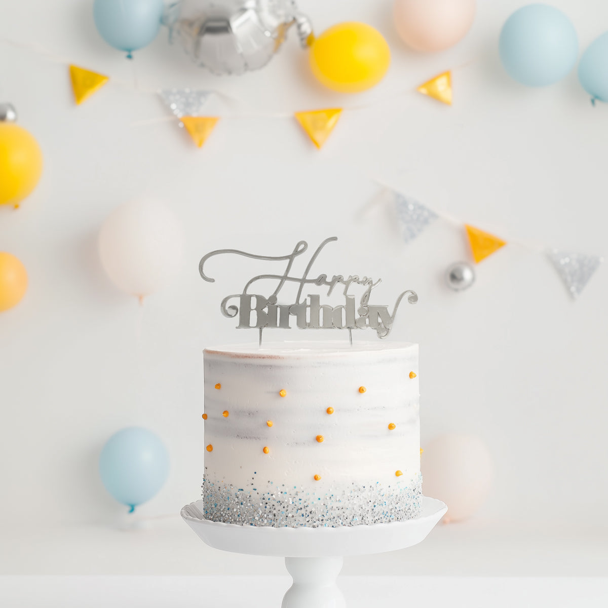 Cake & Candle Metal Cake Topper Happy Birthday 1 Silver