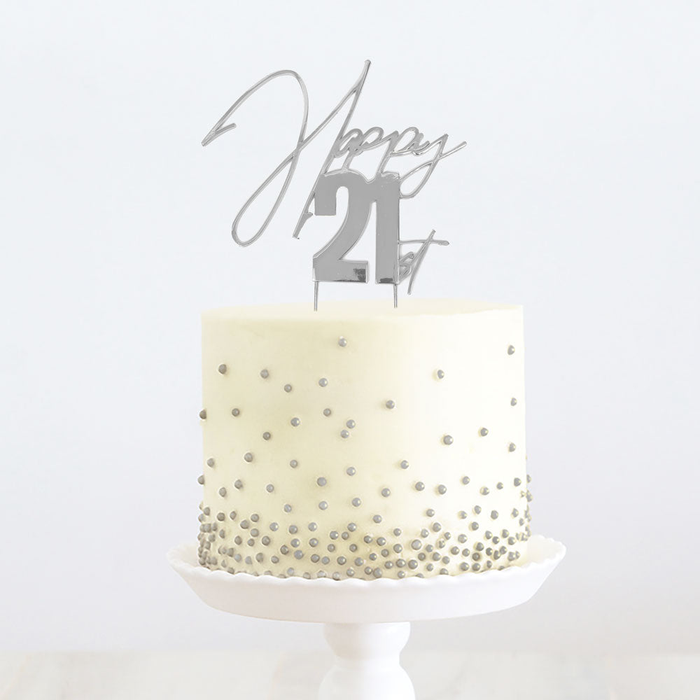 Cake & Candle Metal Cake Topper Happy 21st Silver