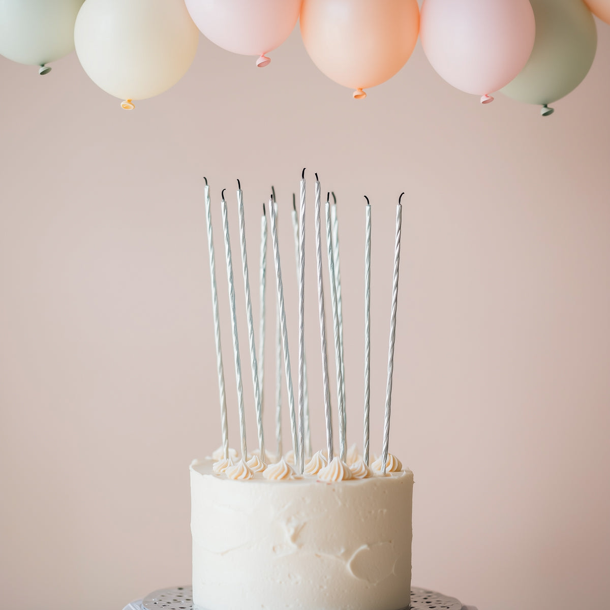 Cake & Candle Fine Spiral Cake Candles Silver 20cm 16 Pack