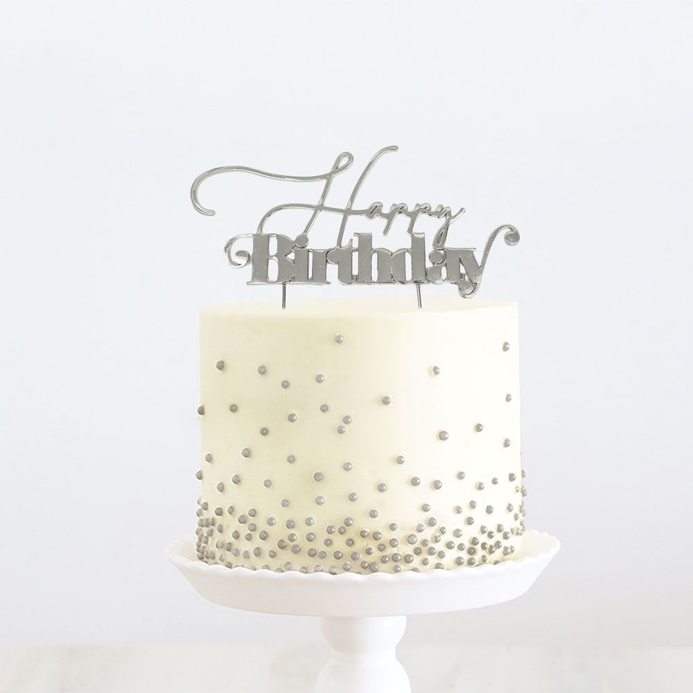 Cake & Candle Metal Cake Topper Happy Birthday 1 Silver