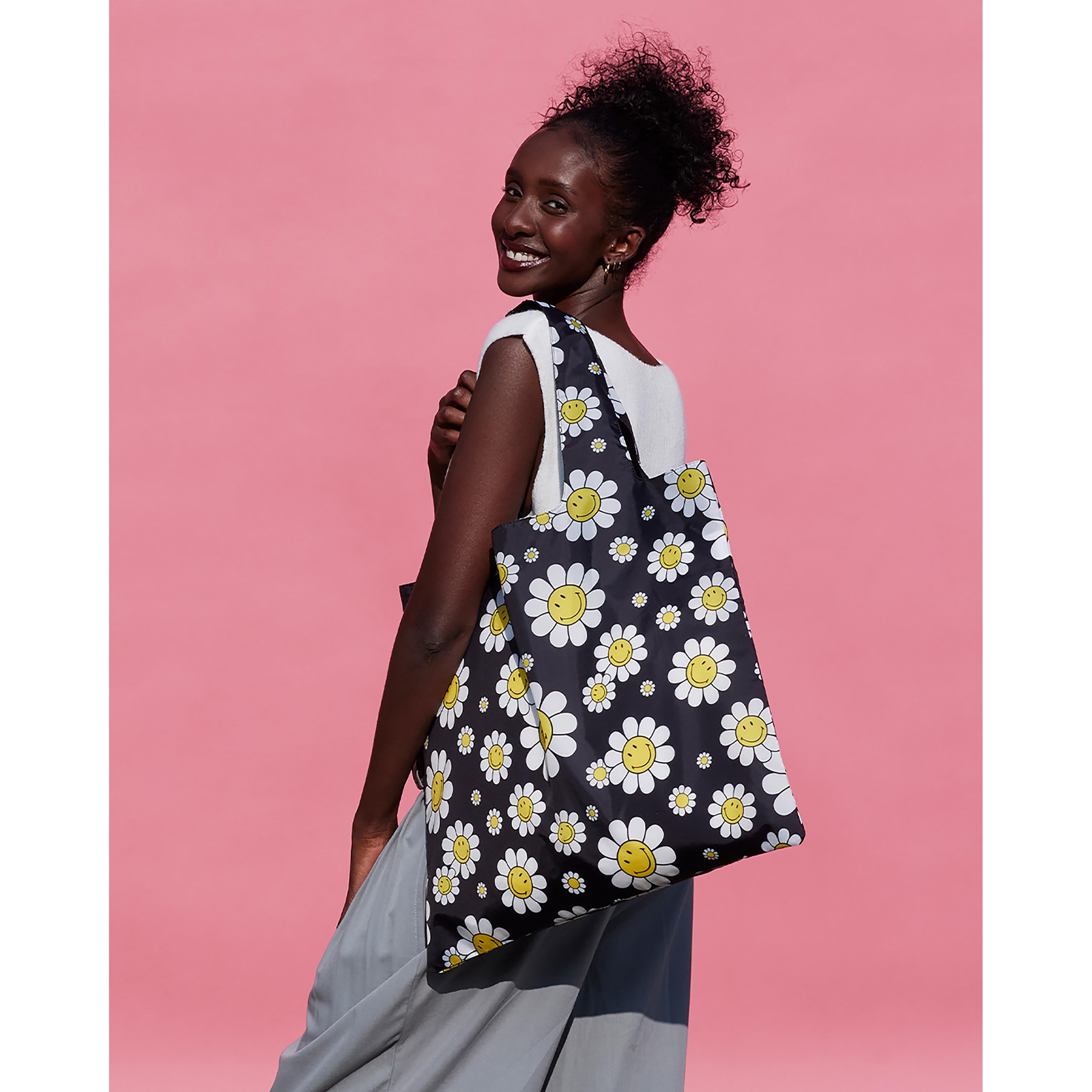 LOQI Smiley Flowers Tote Bag Black