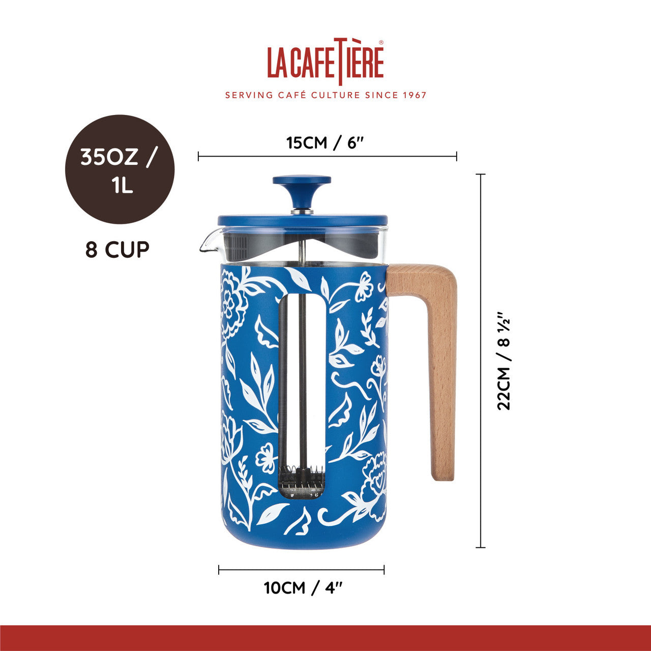 La Cafetière Pisa Stainless Steel Cafetière 8 Cup / 1L (Blu Fiorato)
