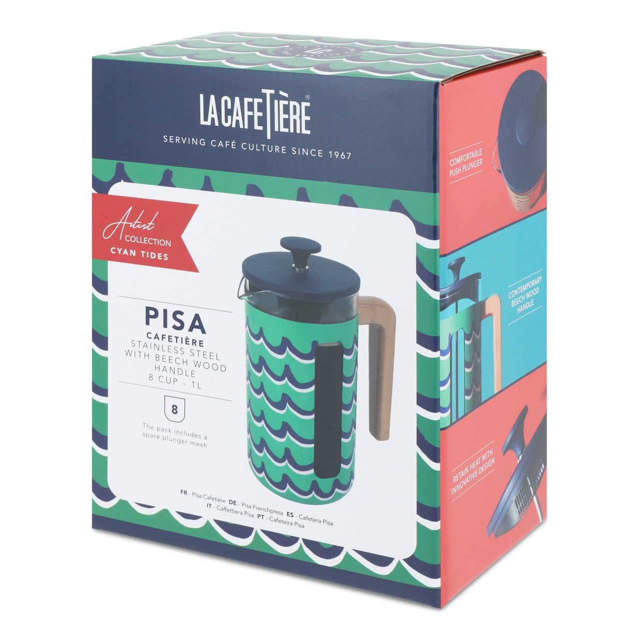 La Cafetière Pisa Stainless Steel Cafetière 8 Cup / 1L (Cyan Tides)