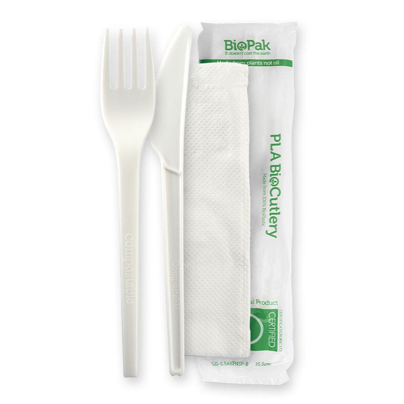 BioPak 16.5cm / 6.5" PLA Knife, Fork & Napkin Set