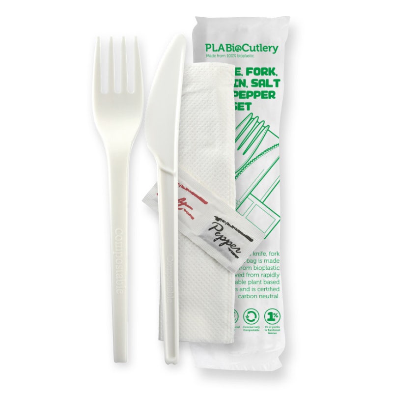 BioPak 16.5cm / 6.5" PLA Knife, Fork, Napkin, Salt & Pepper Set