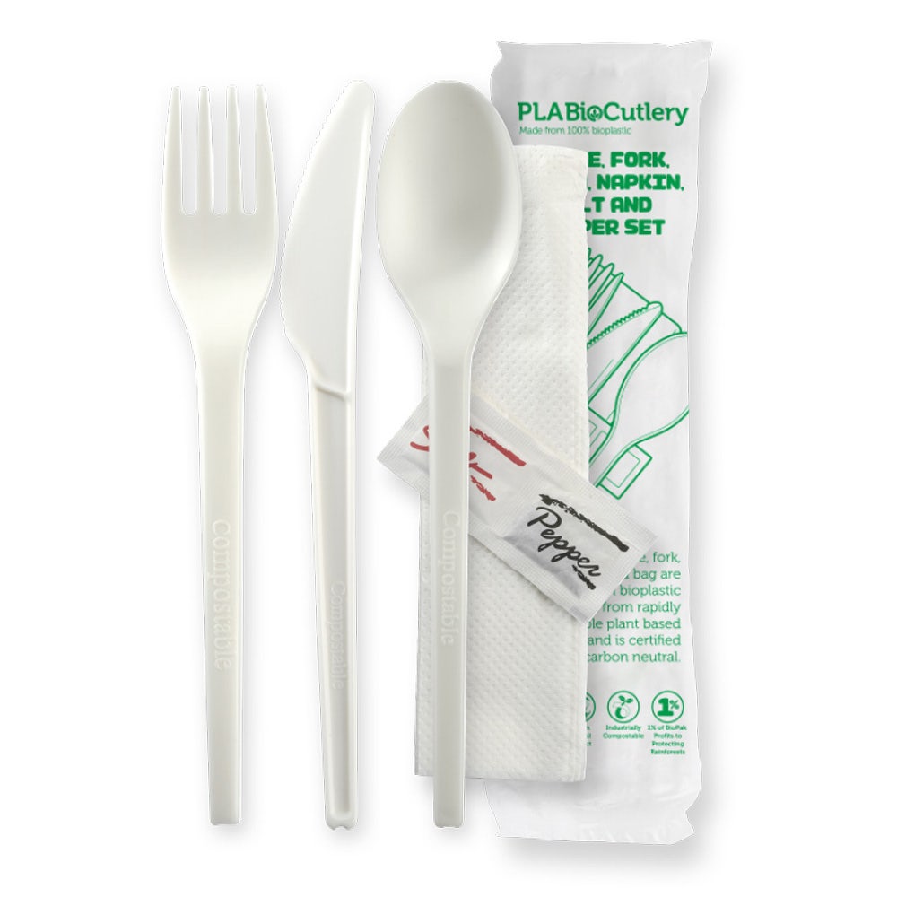 BioPak 16.5cm / 6.5" PLA Knife, Fork, Spoon, Napkin, Salt & Pepper Set
