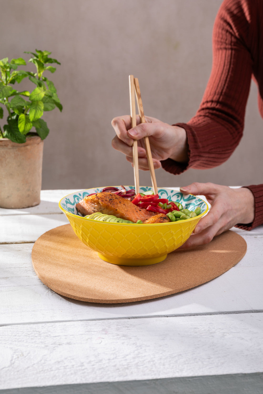 Mikasa Stoneware Ramen Bowl 21cm (Yellow & Blue Geometric)