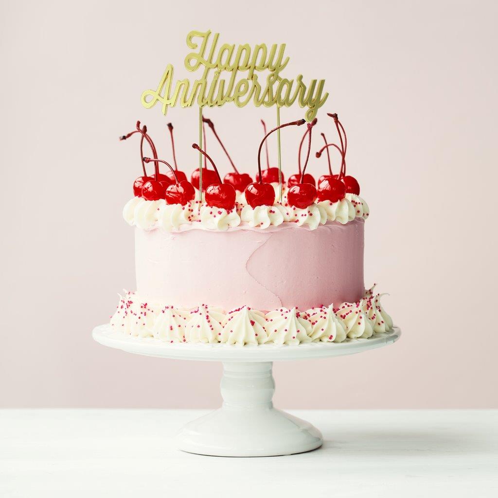 Cake & Candle Plated Cake Topper Happy Anniversary Gold