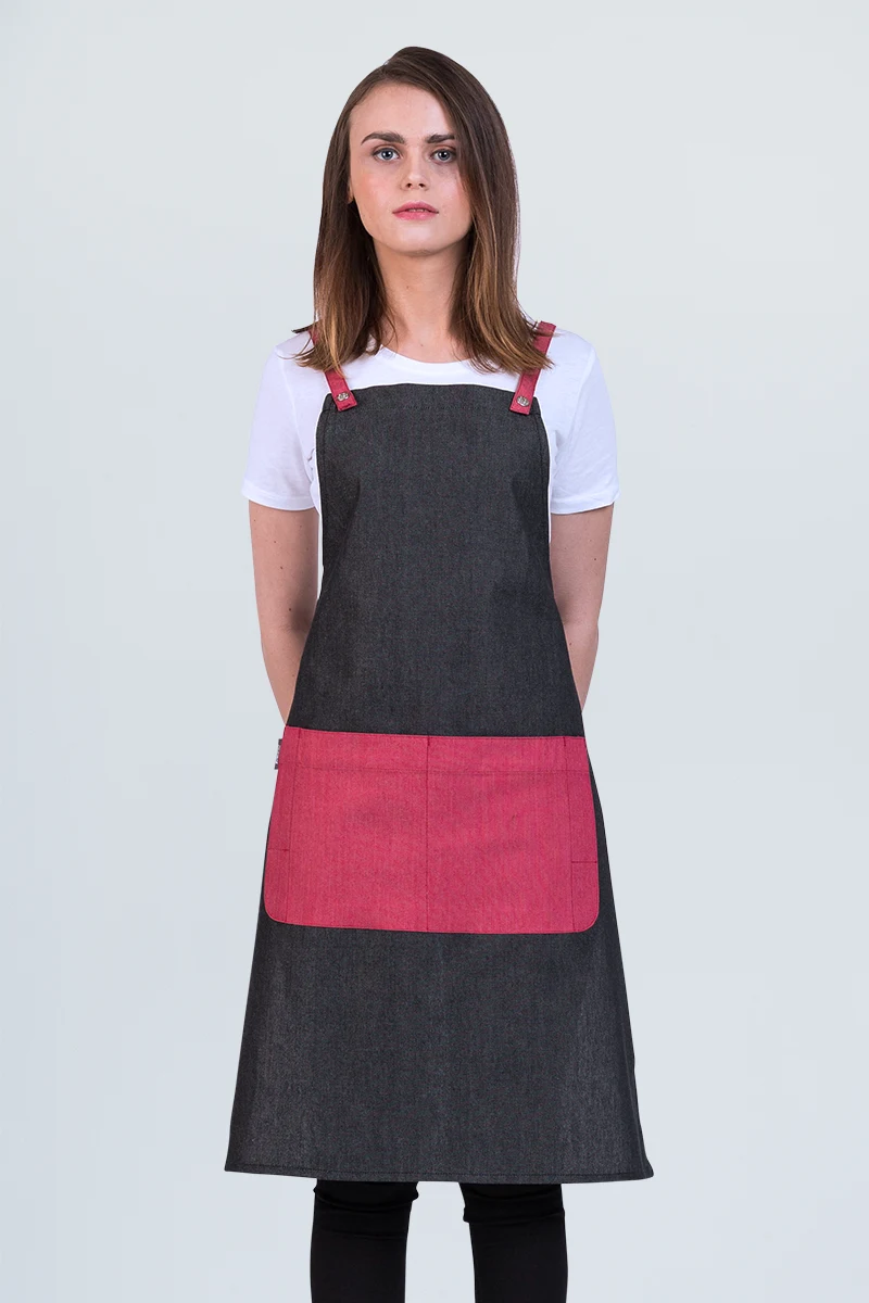 Aussie Chef Grey Combo Bib Apron - Cherry