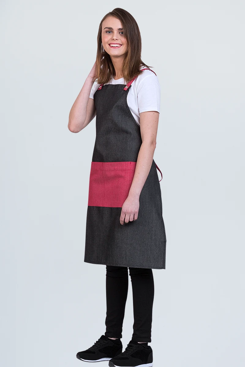 Aussie Chef Grey Combo Bib Apron - Cherry