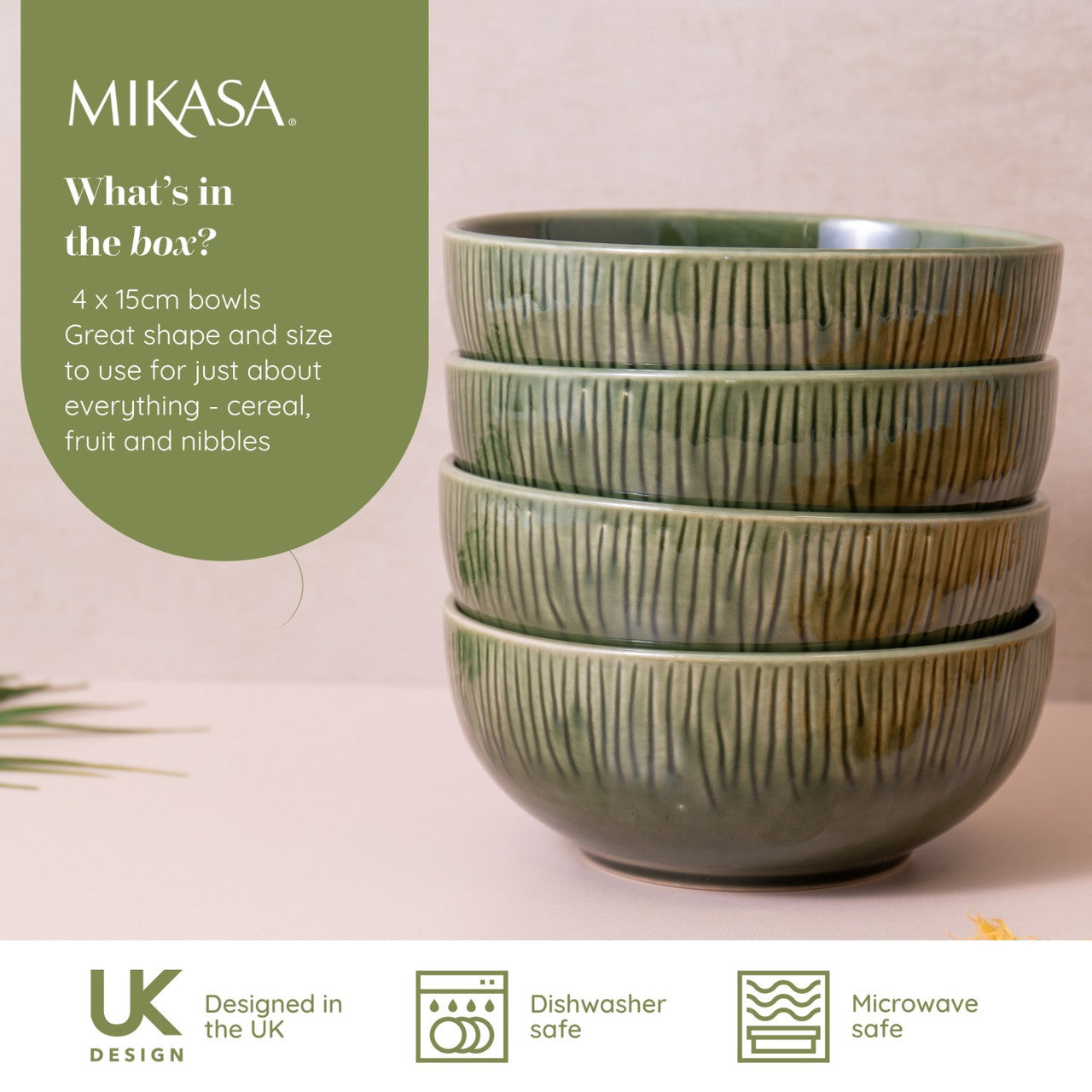 Mikasa Jardin Stoneware Cereal Bowl Set 4 Piece 15cm (Green)